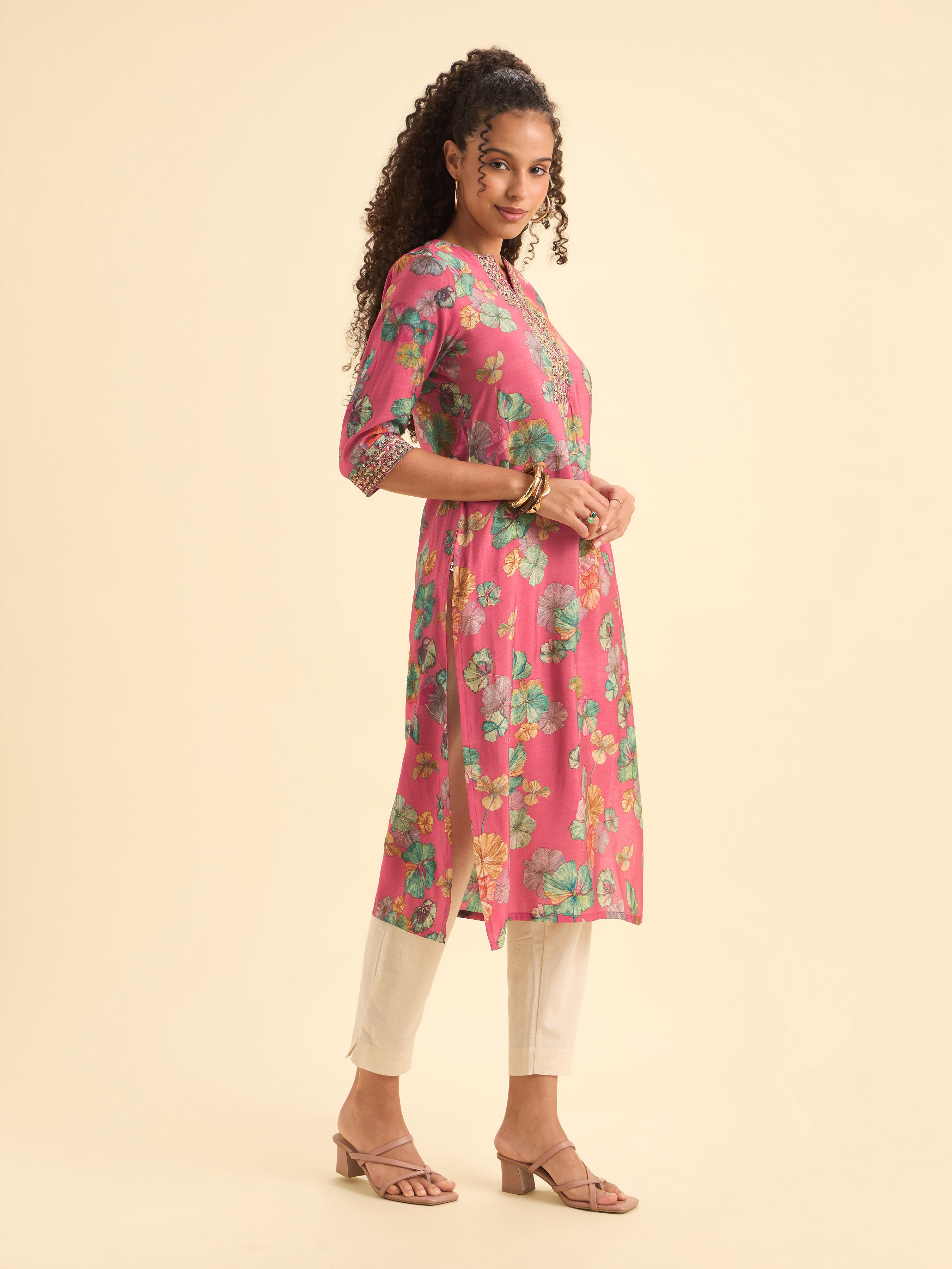 Pink Multi Viscose Blend Printed Slitted Kurti With Embroidery Sequins Work