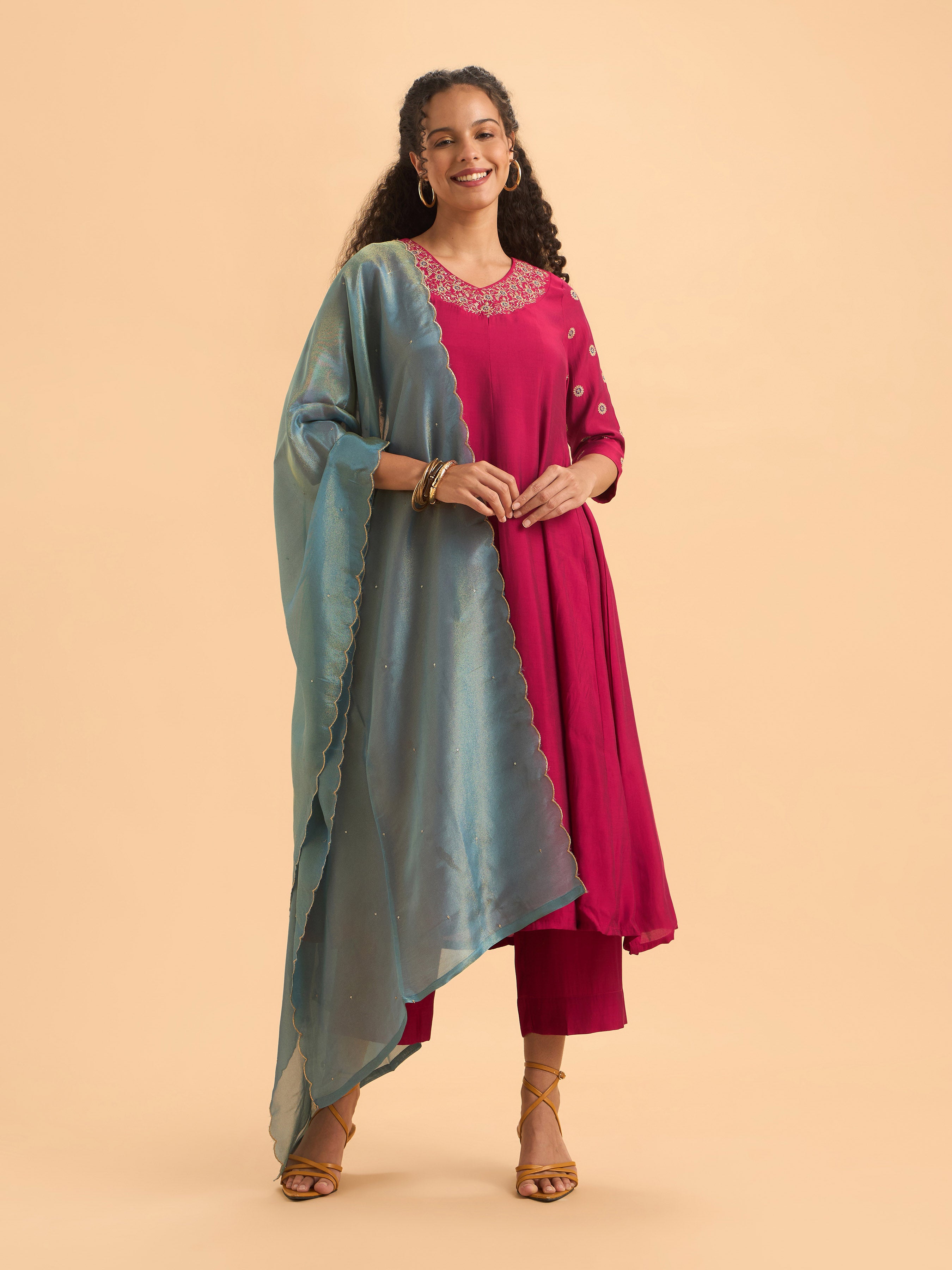 Pink Viscose Plain Flared Kali Cut Kurti Set With Embroidery And Sequins With Contrast Shimmer Dupatta