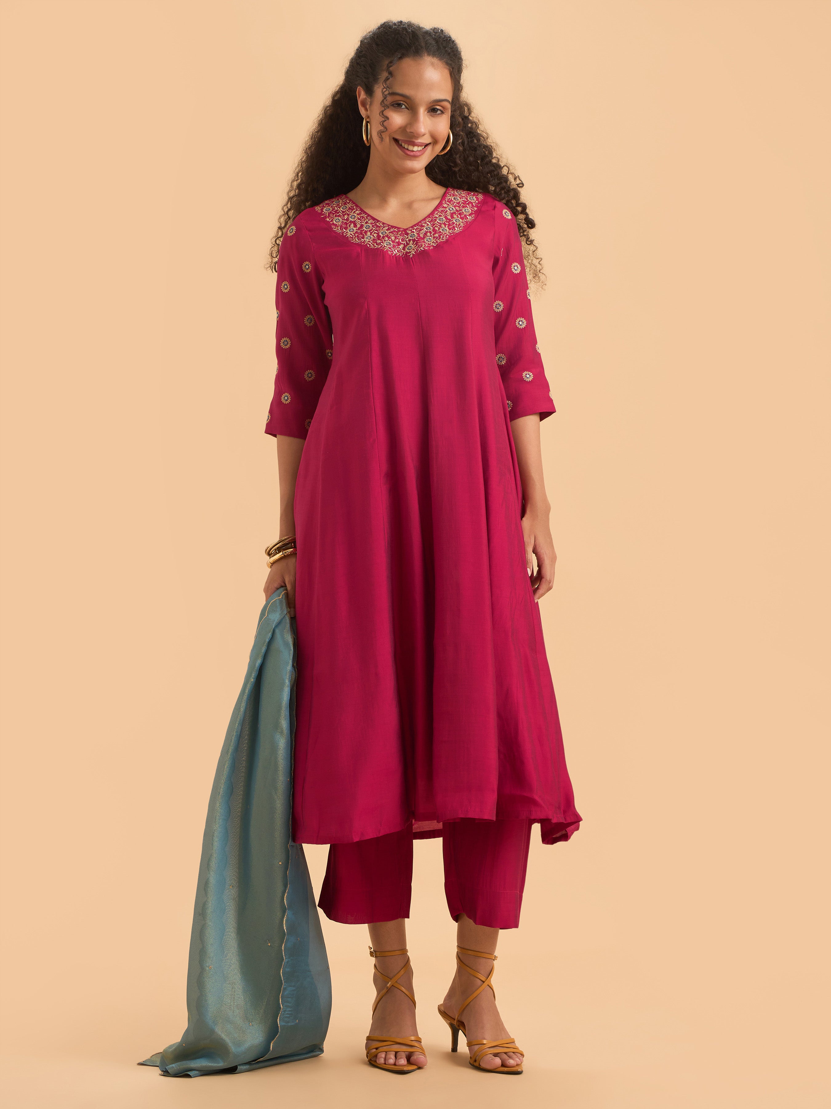 Pink Viscose Plain Flared Kali Cut Kurti Set With Embroidery And Sequins With Contrast Shimmer Dupatta