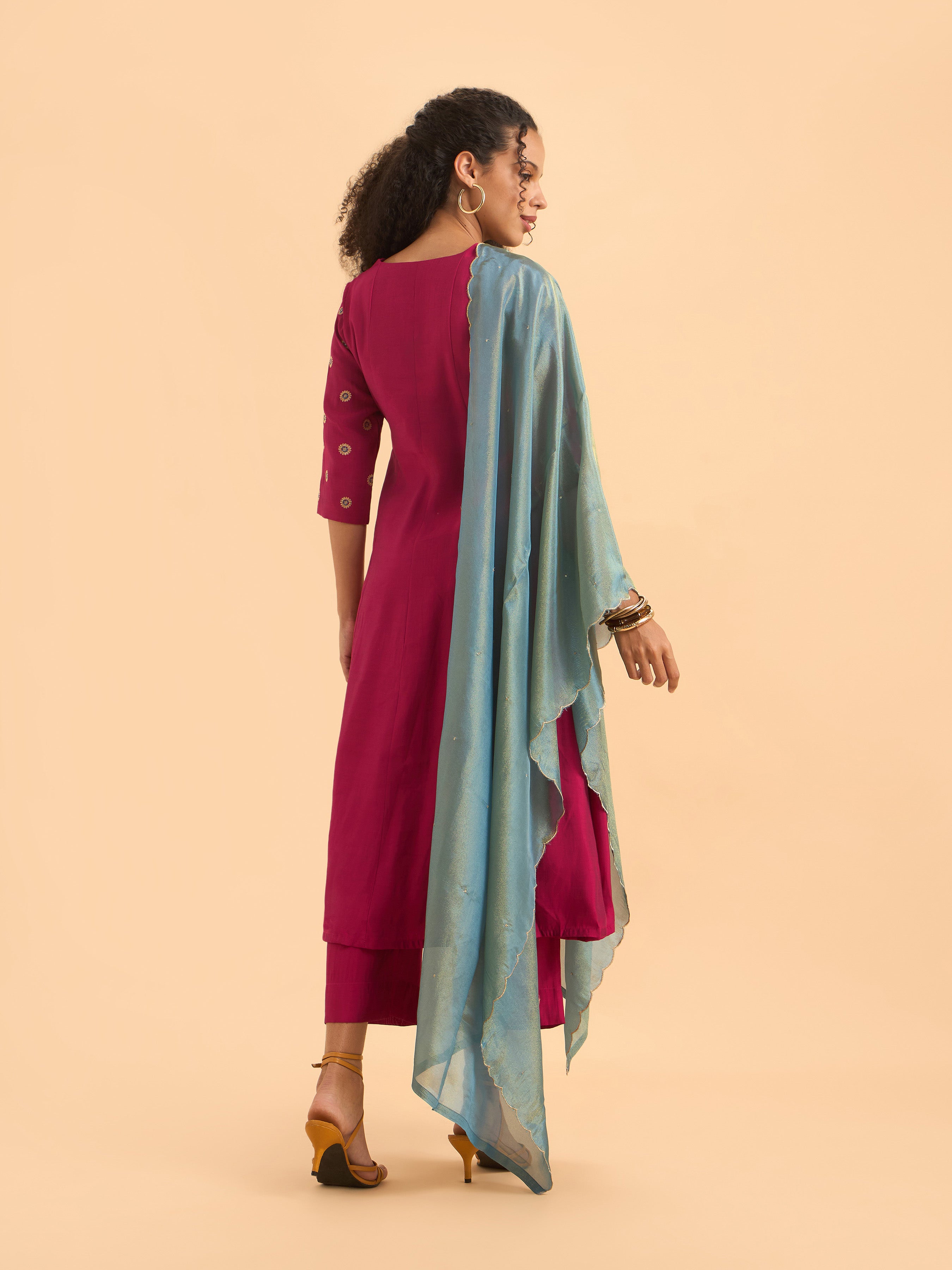 Pink Viscose Plain Flared Kali Cut Kurti Set With Embroidery And Sequins With Contrast Shimmer Dupatta