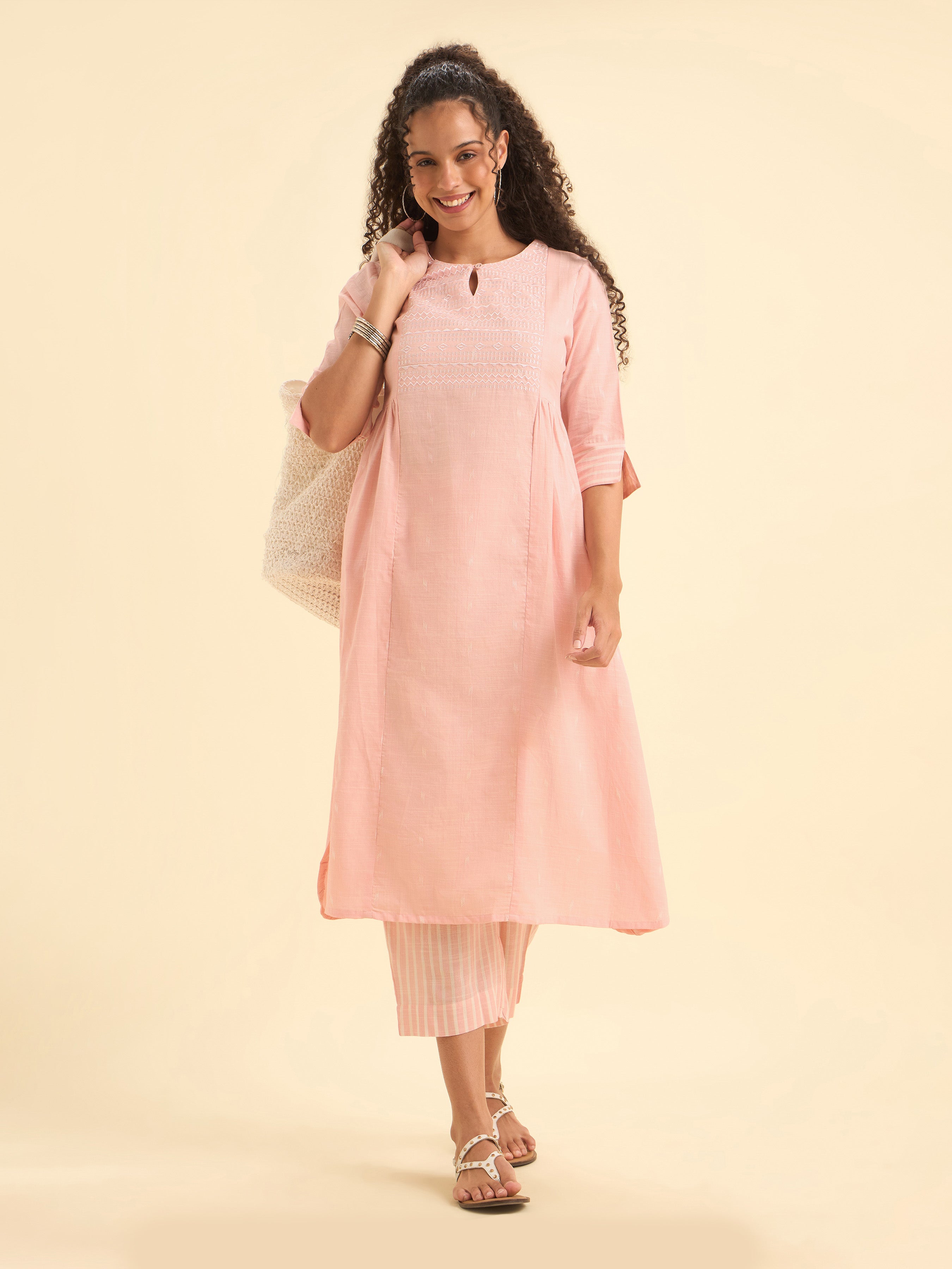Pink White Cotton Dobby Plain Flaredkurti Set With Embroidery And Curved Hem