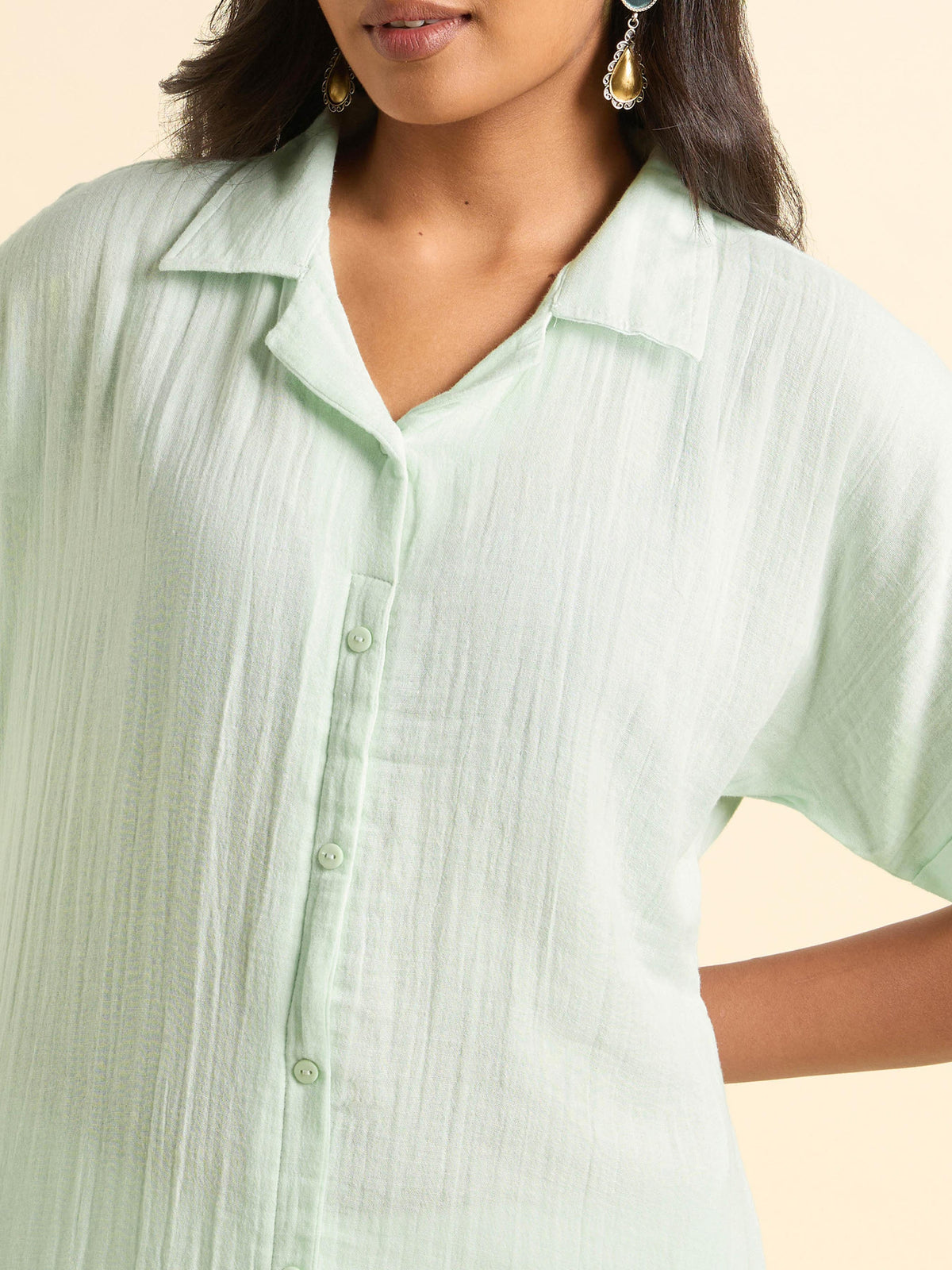 Pista Green Cotton Double Cloth Flared Kurti With Extended Shoulder Sleeve