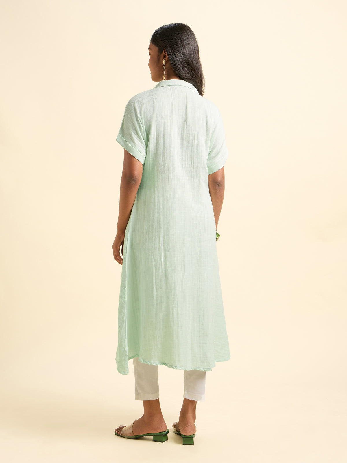 Pista Green Cotton Double Cloth Flared Kurti With Extended Shoulder Sleeve