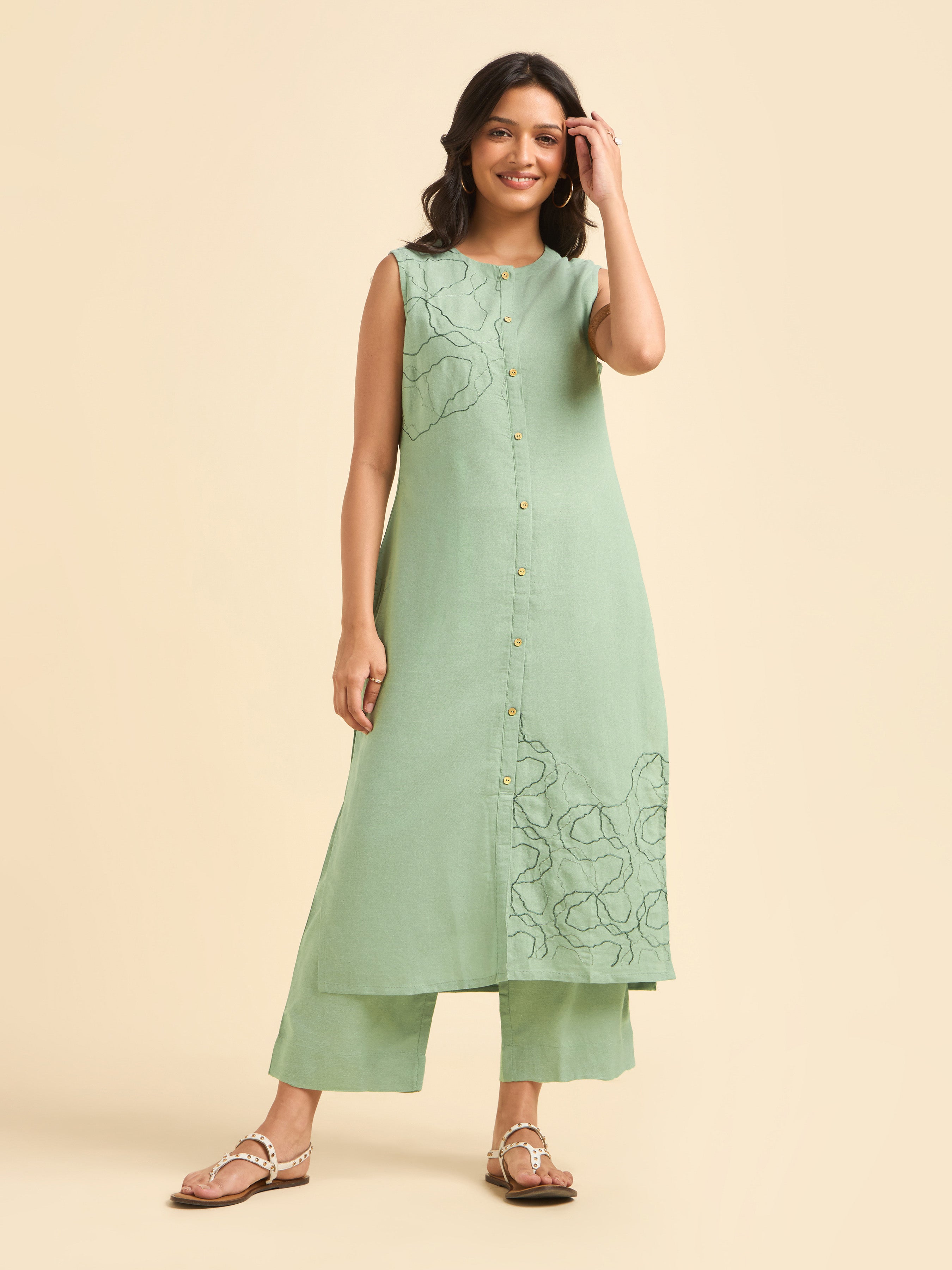 Pista Green Cotton Linen Kurti Set With Embroidery