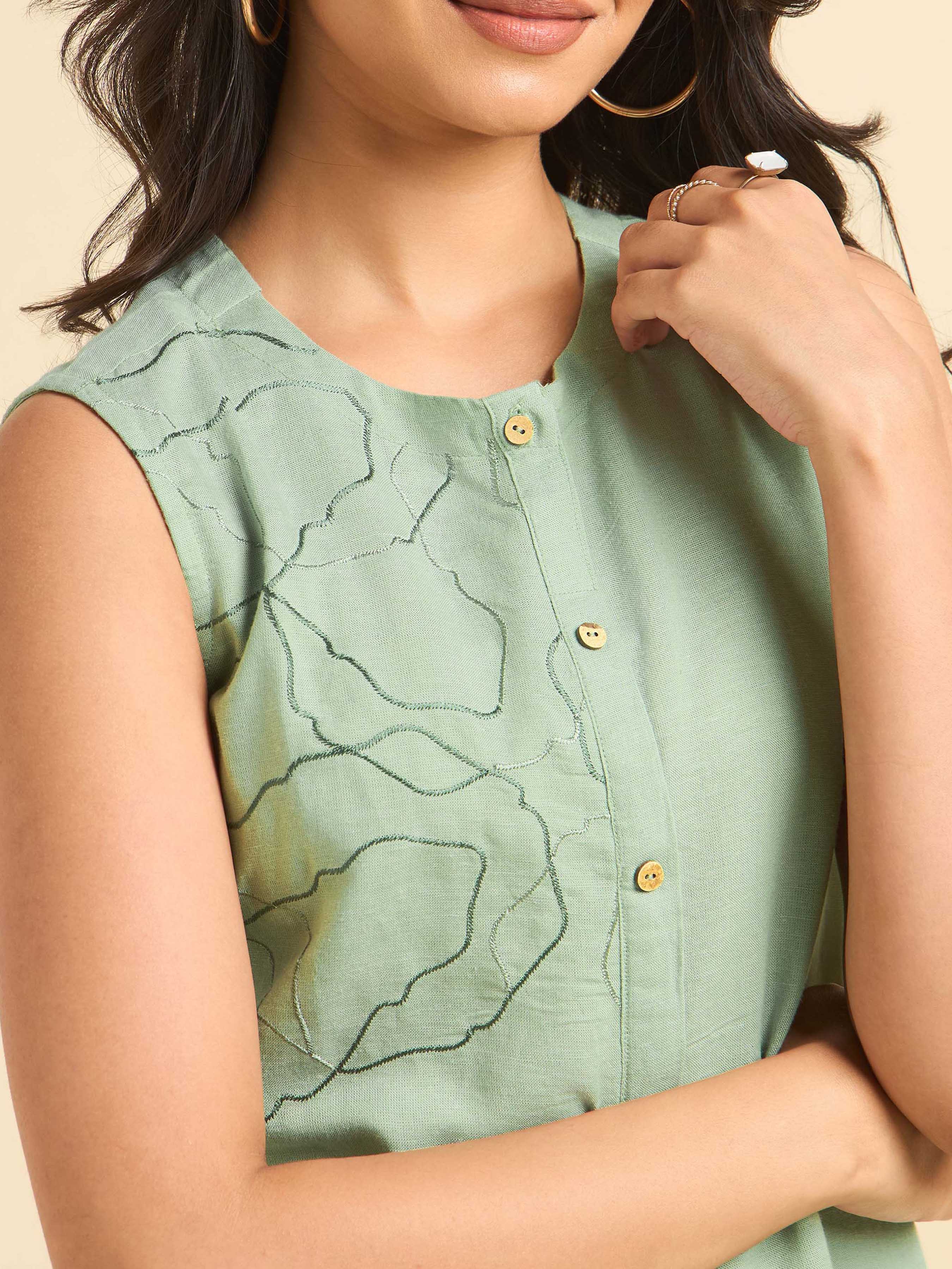 Pista Green Cotton Linen Kurti Set With Embroidery