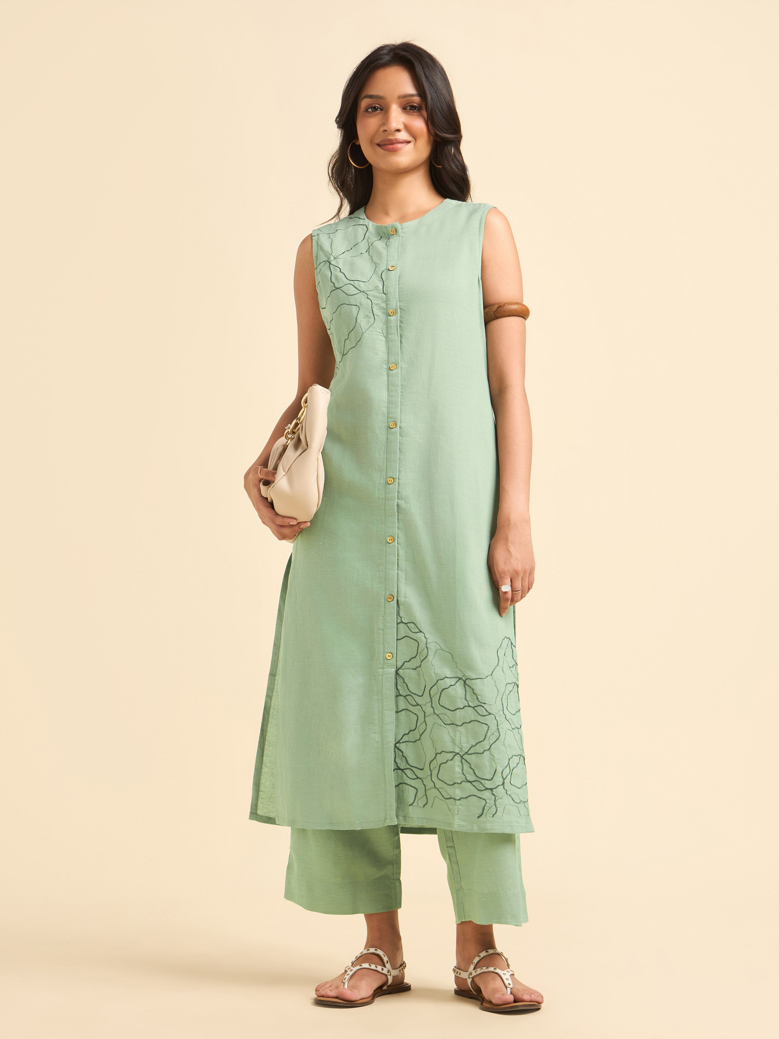 Pista Green Cotton Linen Kurti Set With Embroidery