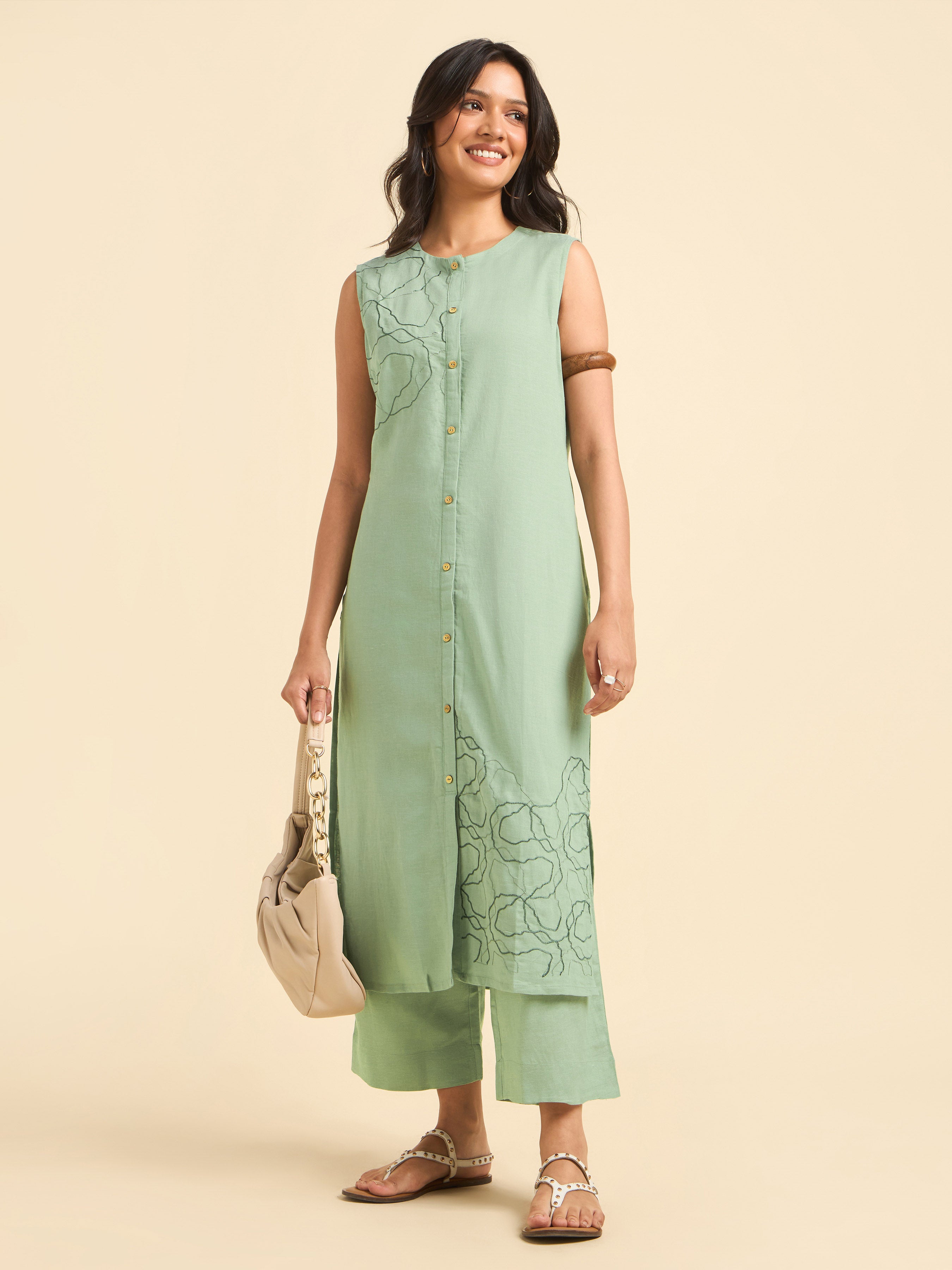 Pista Green Cotton Linen Kurti Set With Embroidery