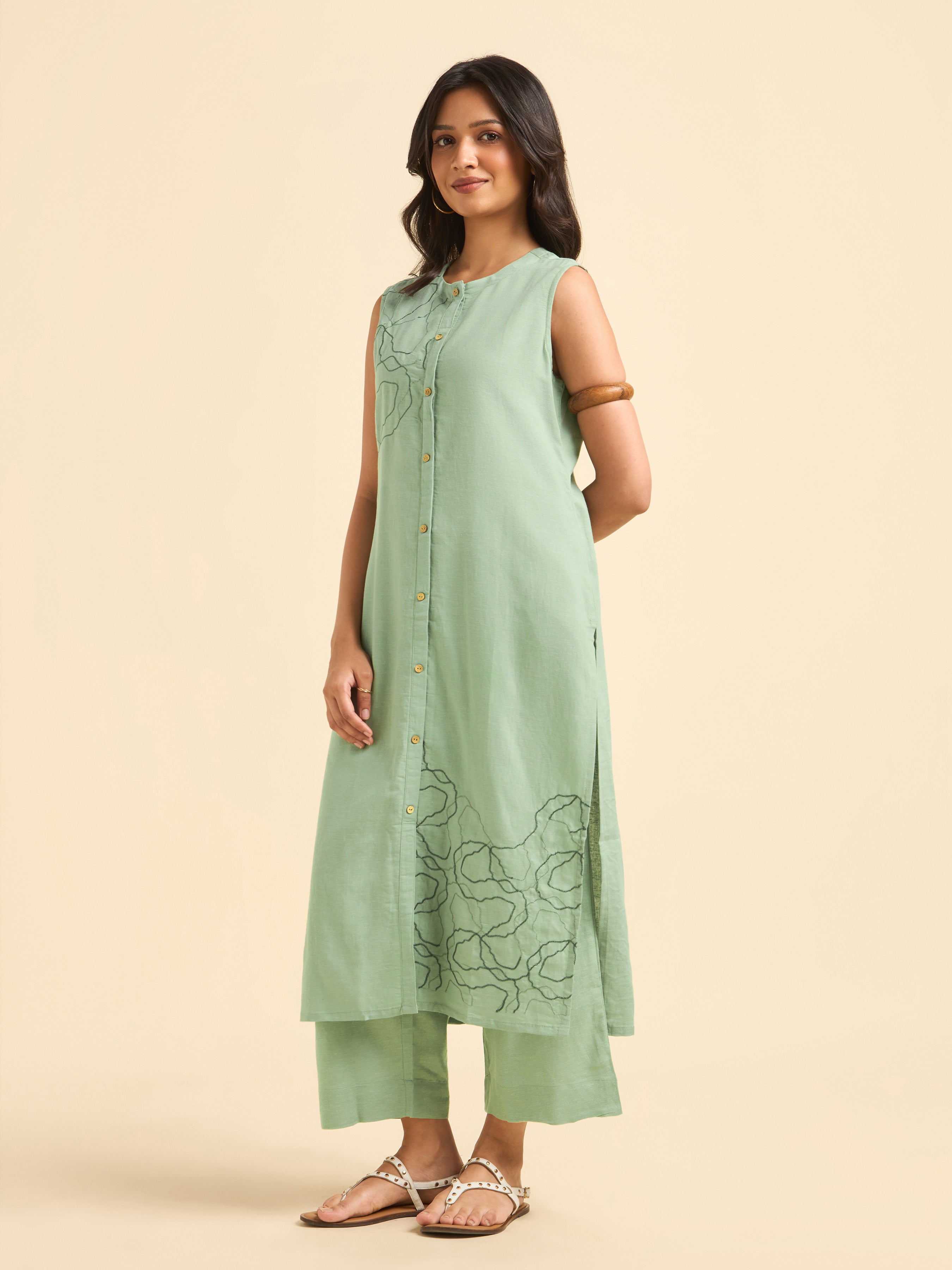 Pista Green Cotton Linen Kurti Set With Embroidery
