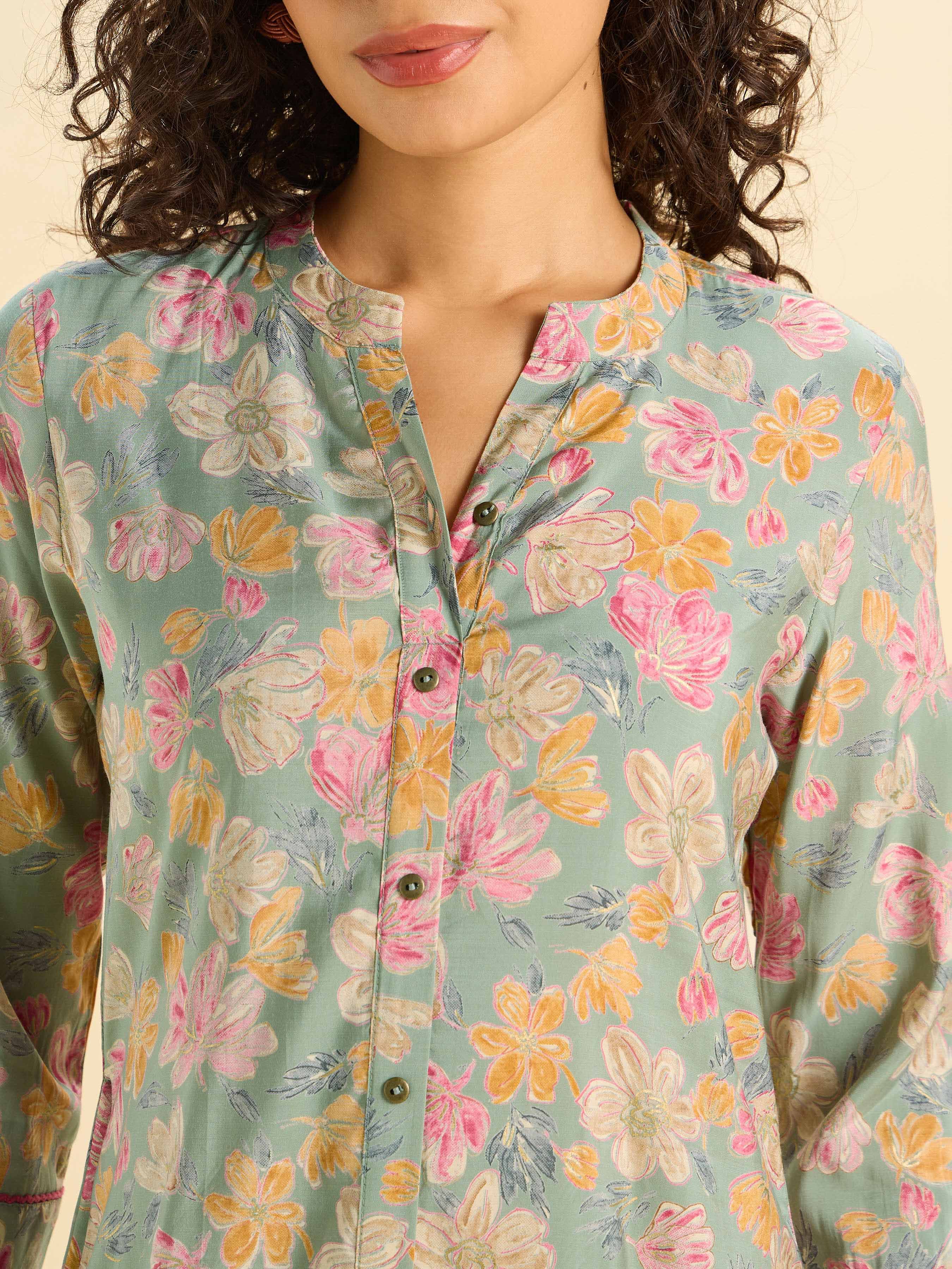 Pista Green Modal chanderi Printed Kurti With Lace