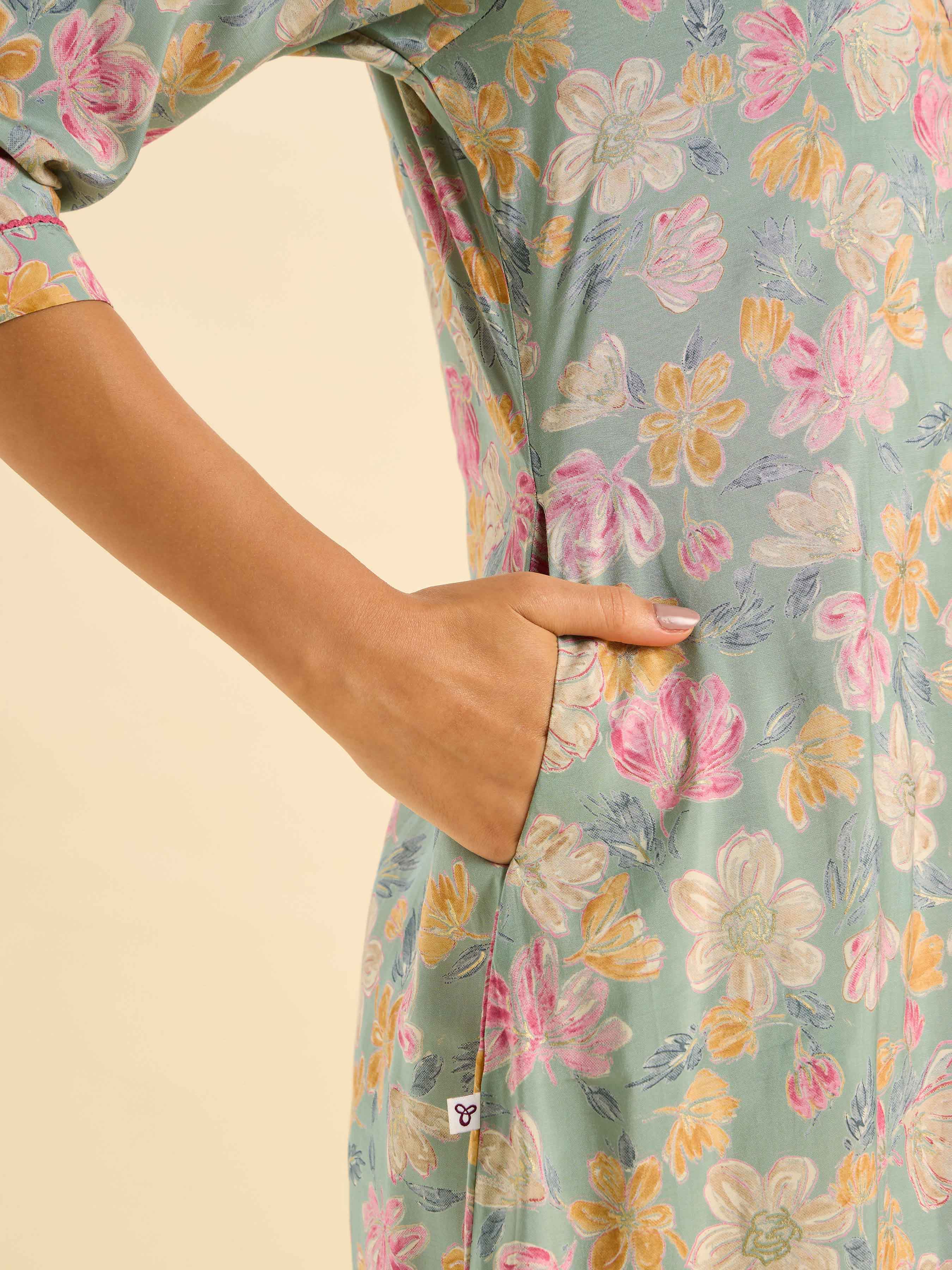 Pista Green Modal chanderi Printed Kurti With Lace