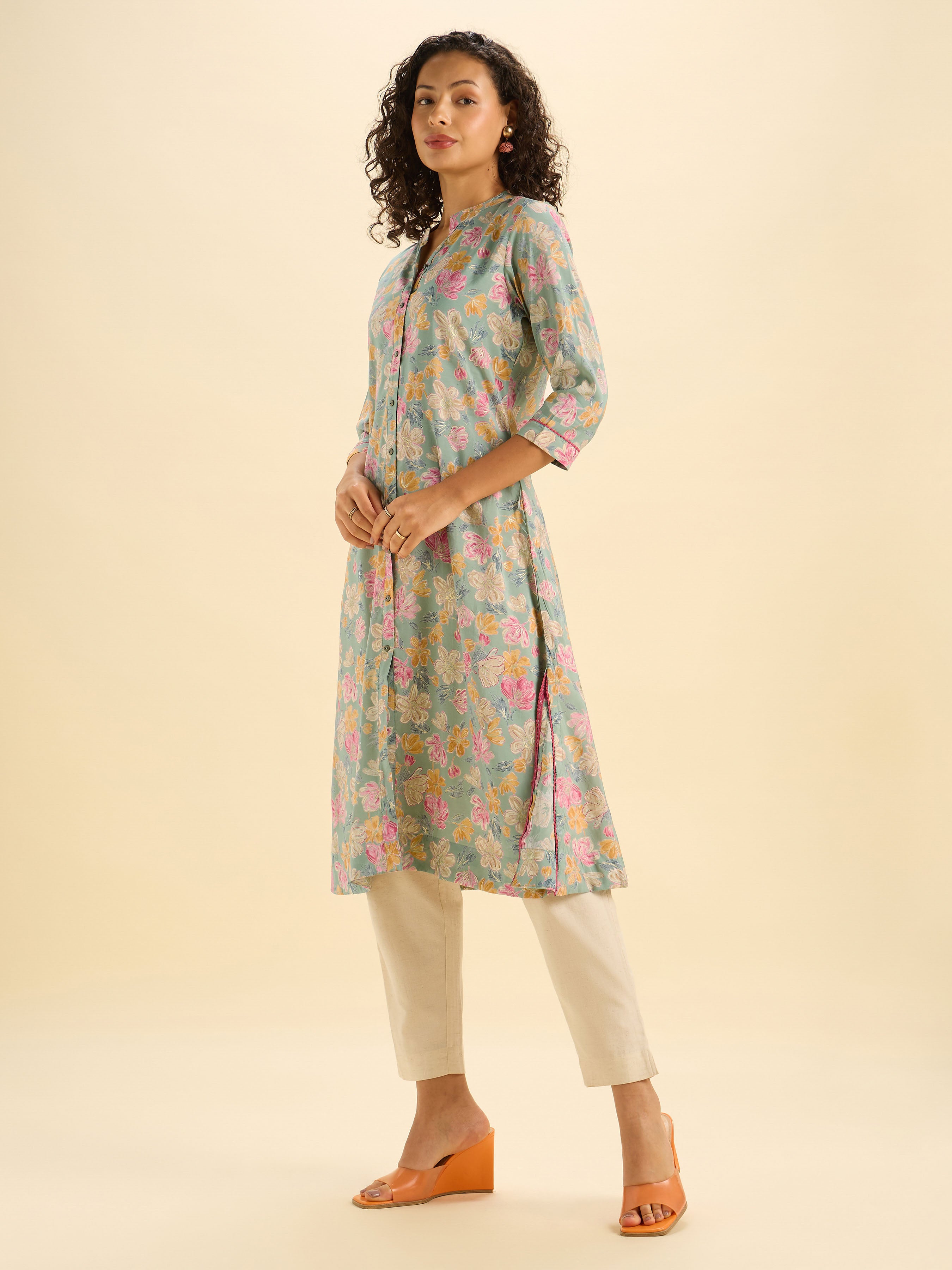 Pista Green Modal chanderi Printed Kurti With Lace