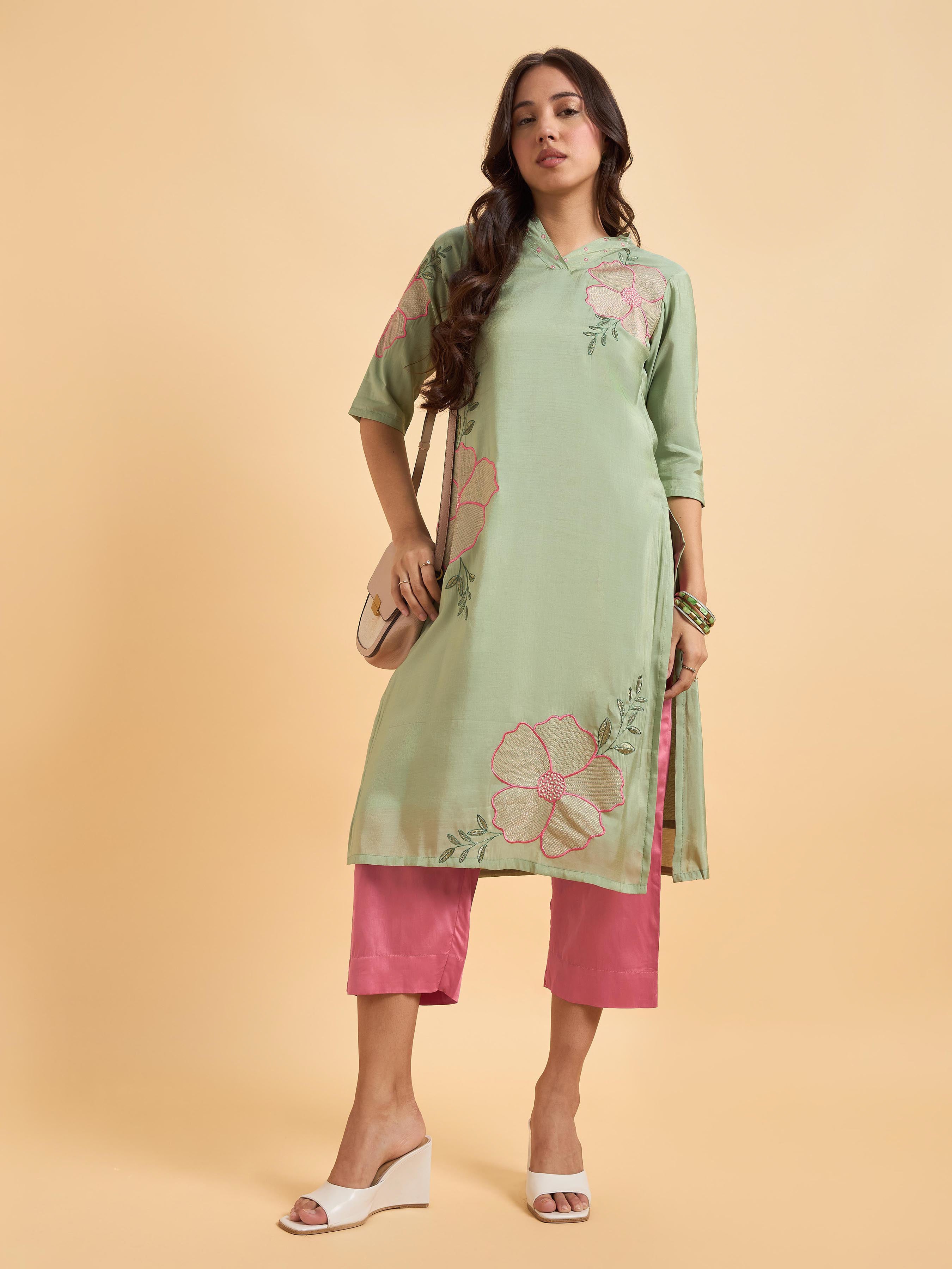 Pista Green Poly Viscose Shimmer Kurti Set With Zari Embroidery And Hand Work