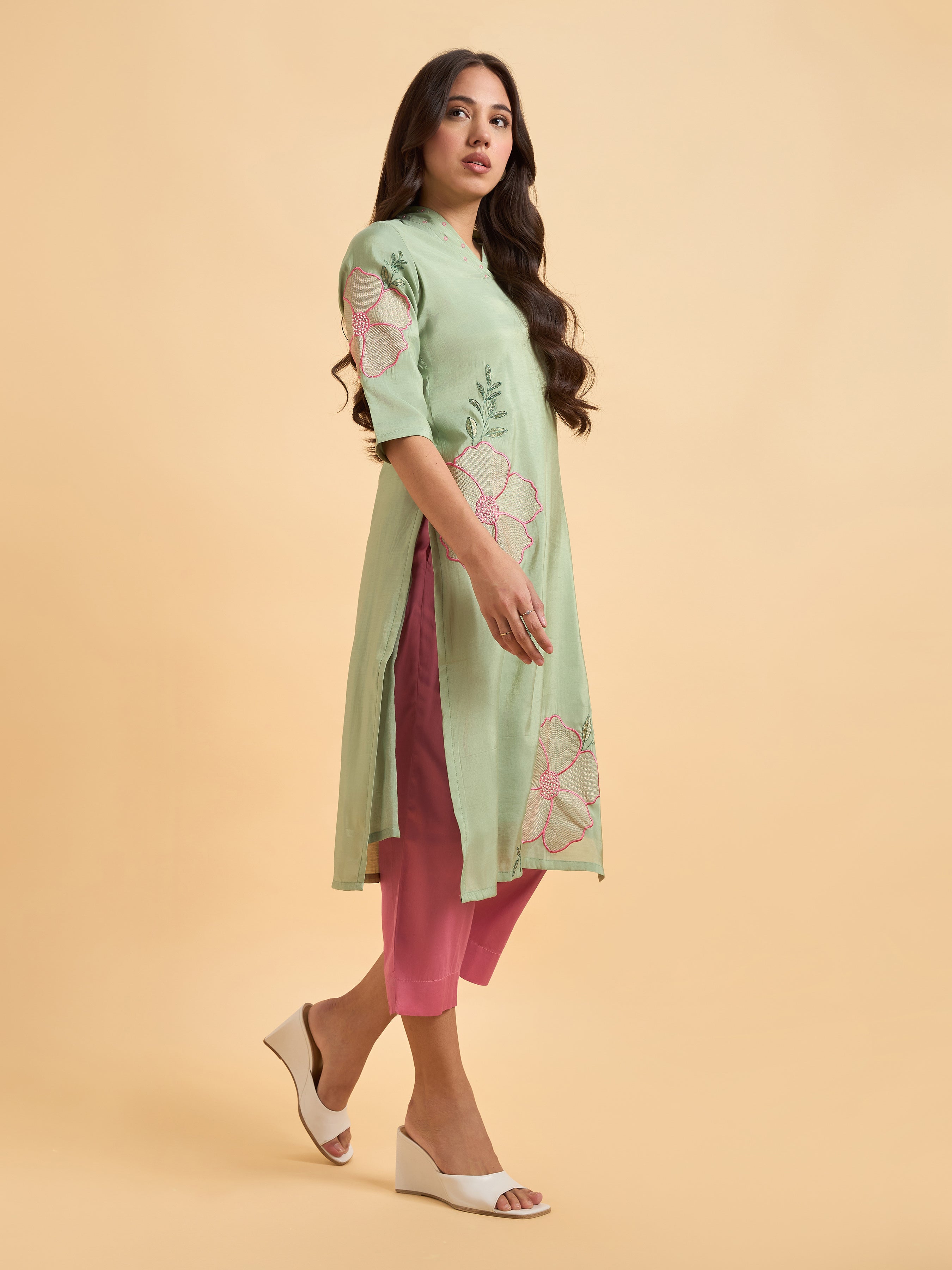 Pista Green Poly Viscose Shimmer Kurti Set With Zari Embroidery And Hand Work
