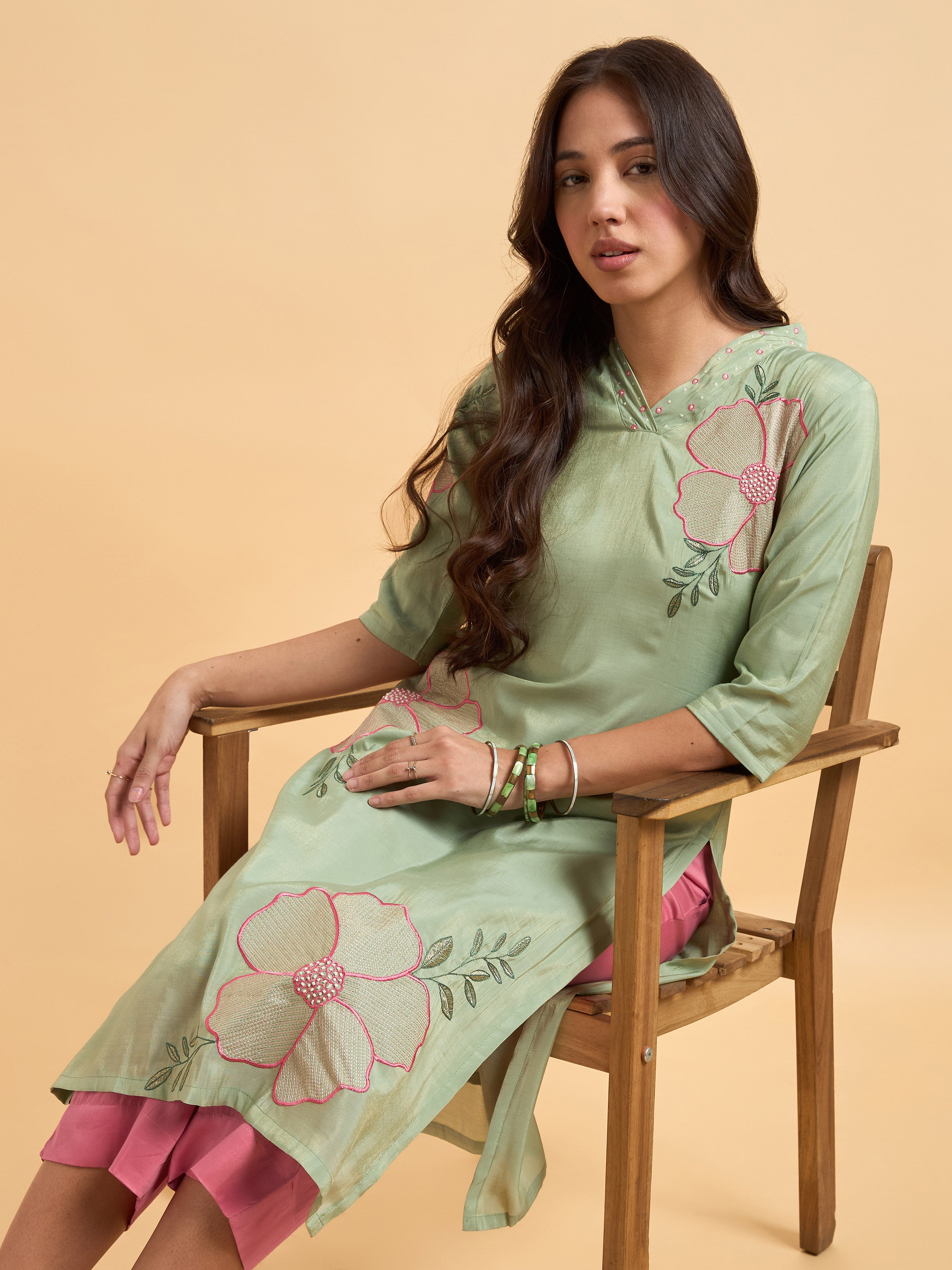Pista Green Poly Viscose Shimmer Kurti Set With Zari Embroidery And Hand Work