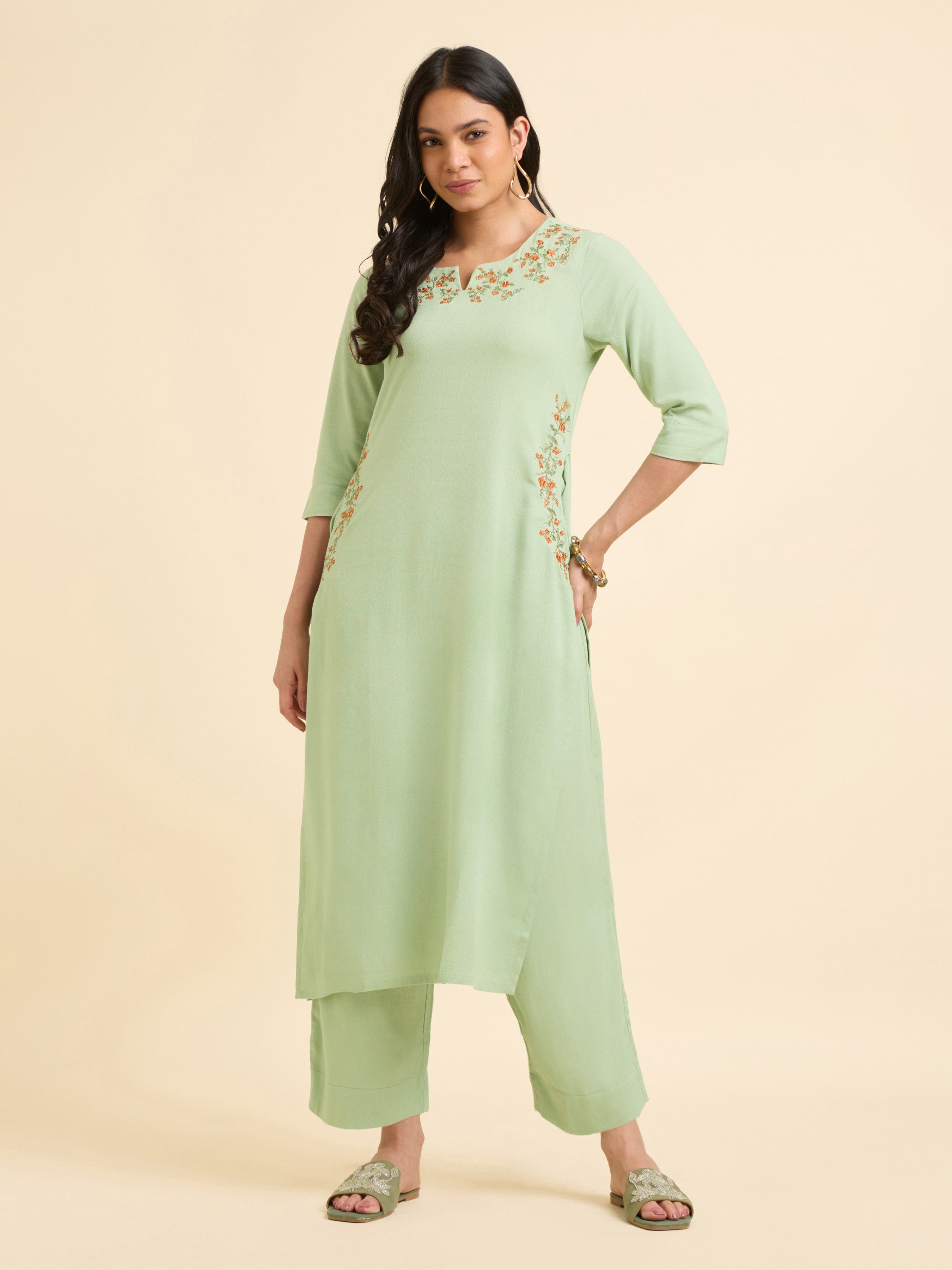 Pista Green Viscose Linen Plain Slited Kurti Set With Embroidery