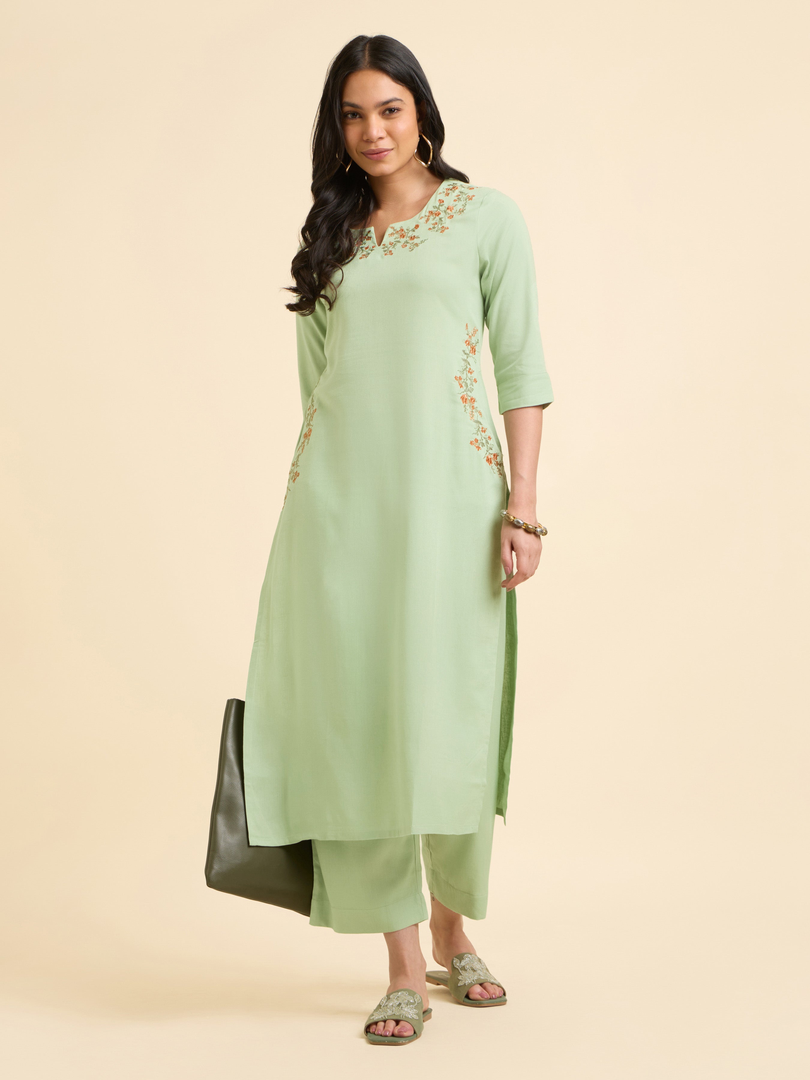Pista Green Viscose Linen Plain Slited Kurti Set With Embroidery