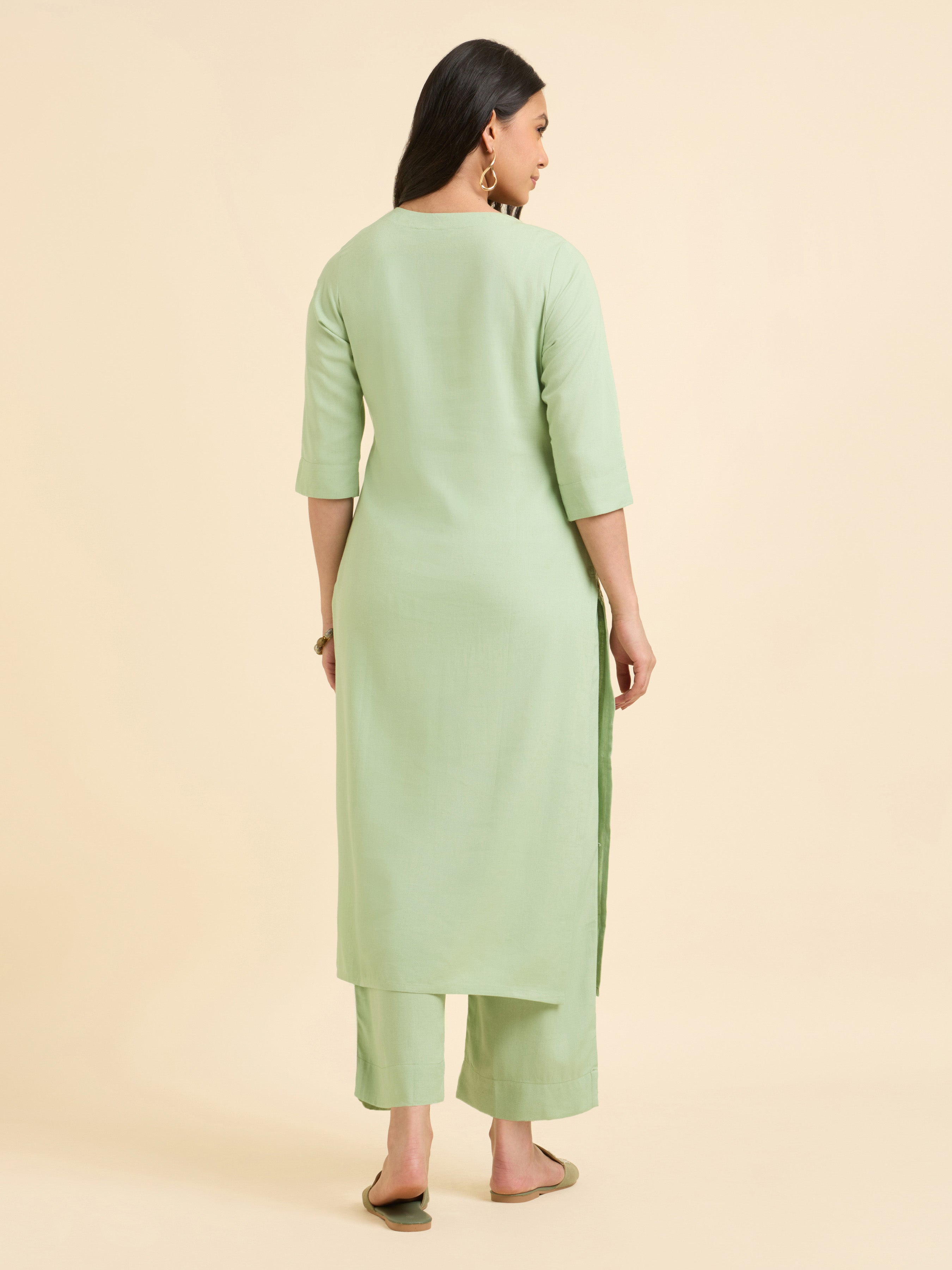 Pista Green Viscose Linen Plain Slited Kurti Set With Embroidery