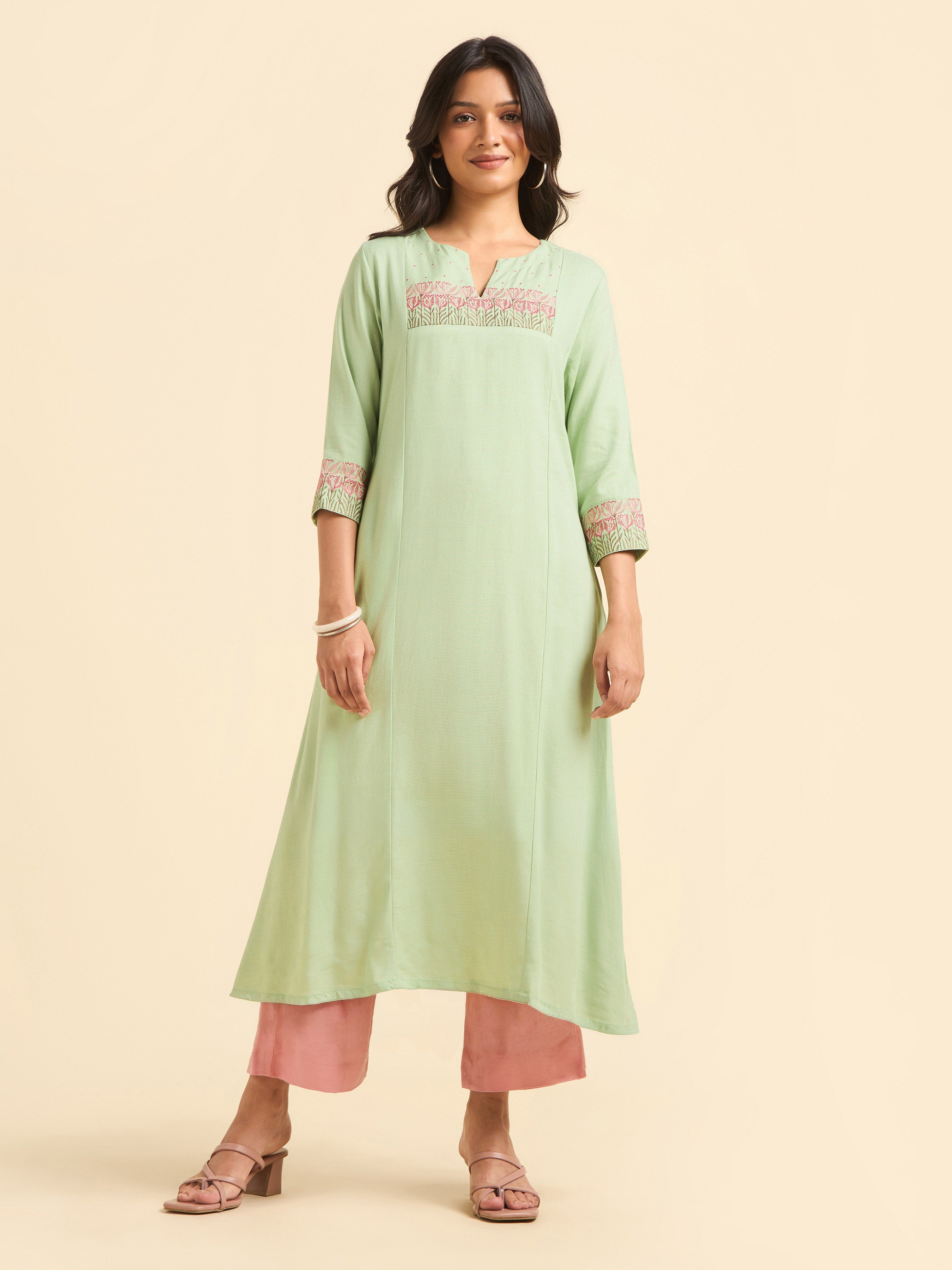Pista Green Viscose Linen Flared Kurti Set With Embroidery