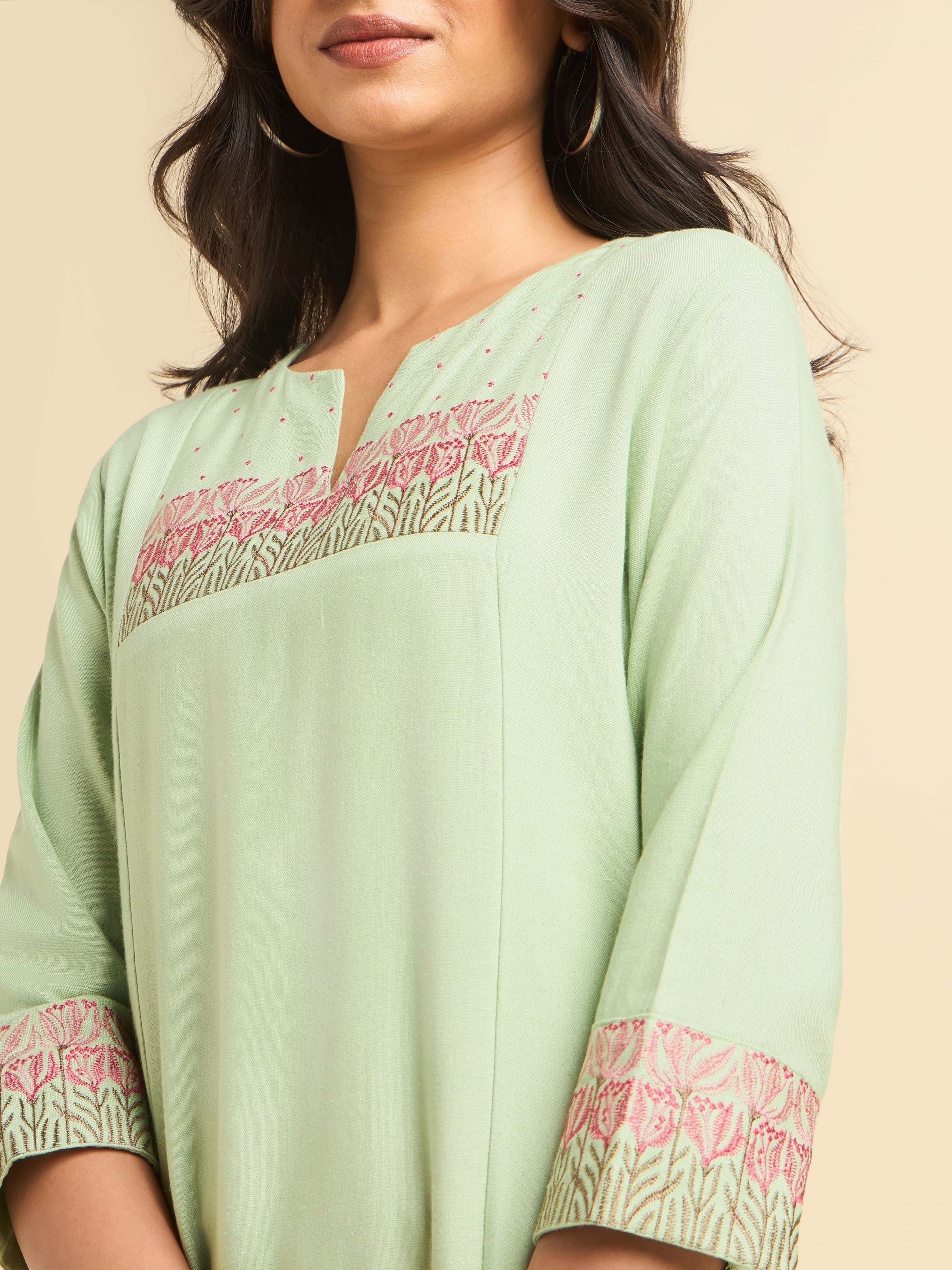 Pista Green Viscose Linen Flared Kurti Set With Embroidery