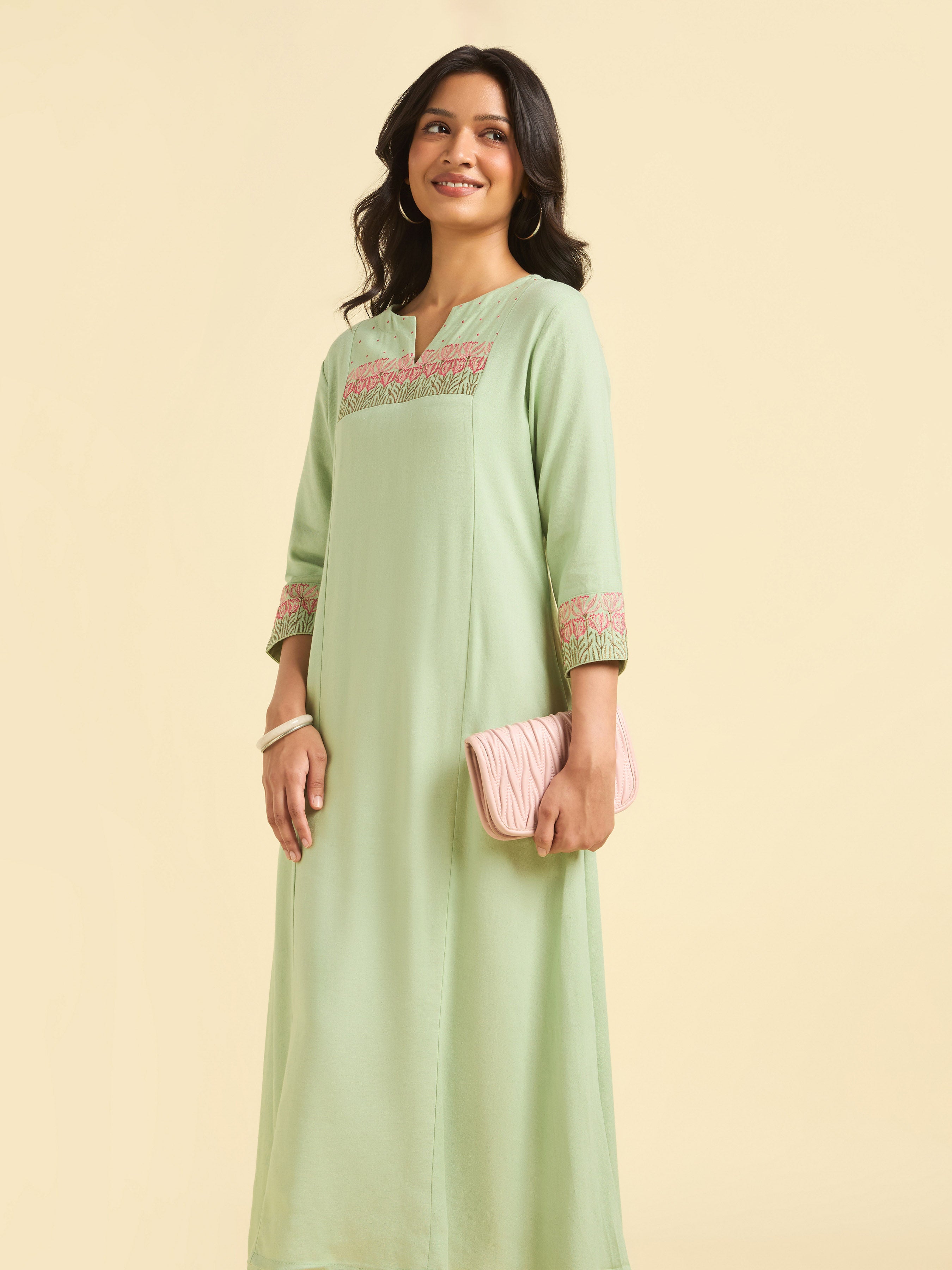 Pista Green Viscose Linen Flared Kurti Set With Embroidery