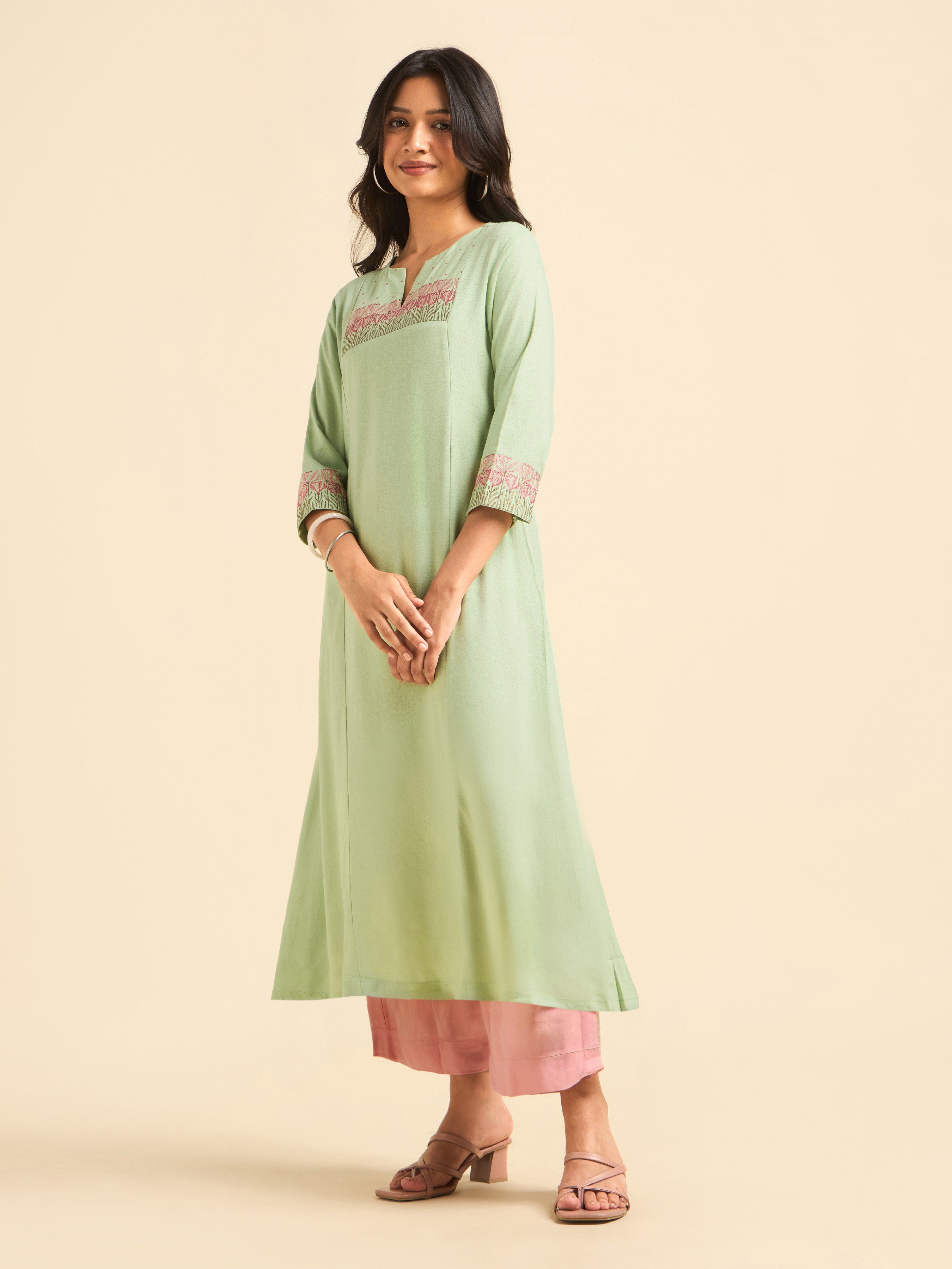 Pista Green Viscose Linen Flared Kurti Set With Embroidery