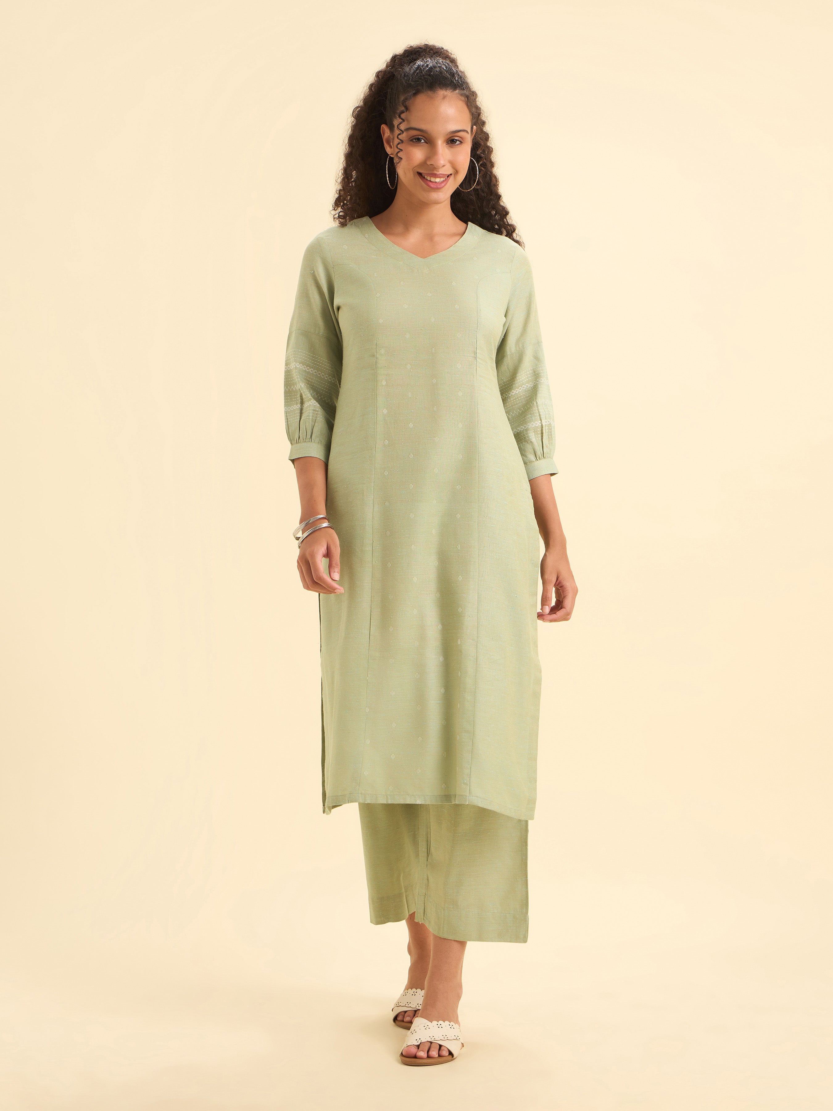 Pista Green White Cotton Dobby Plain Princesscut Kurti Set With Back Yoke