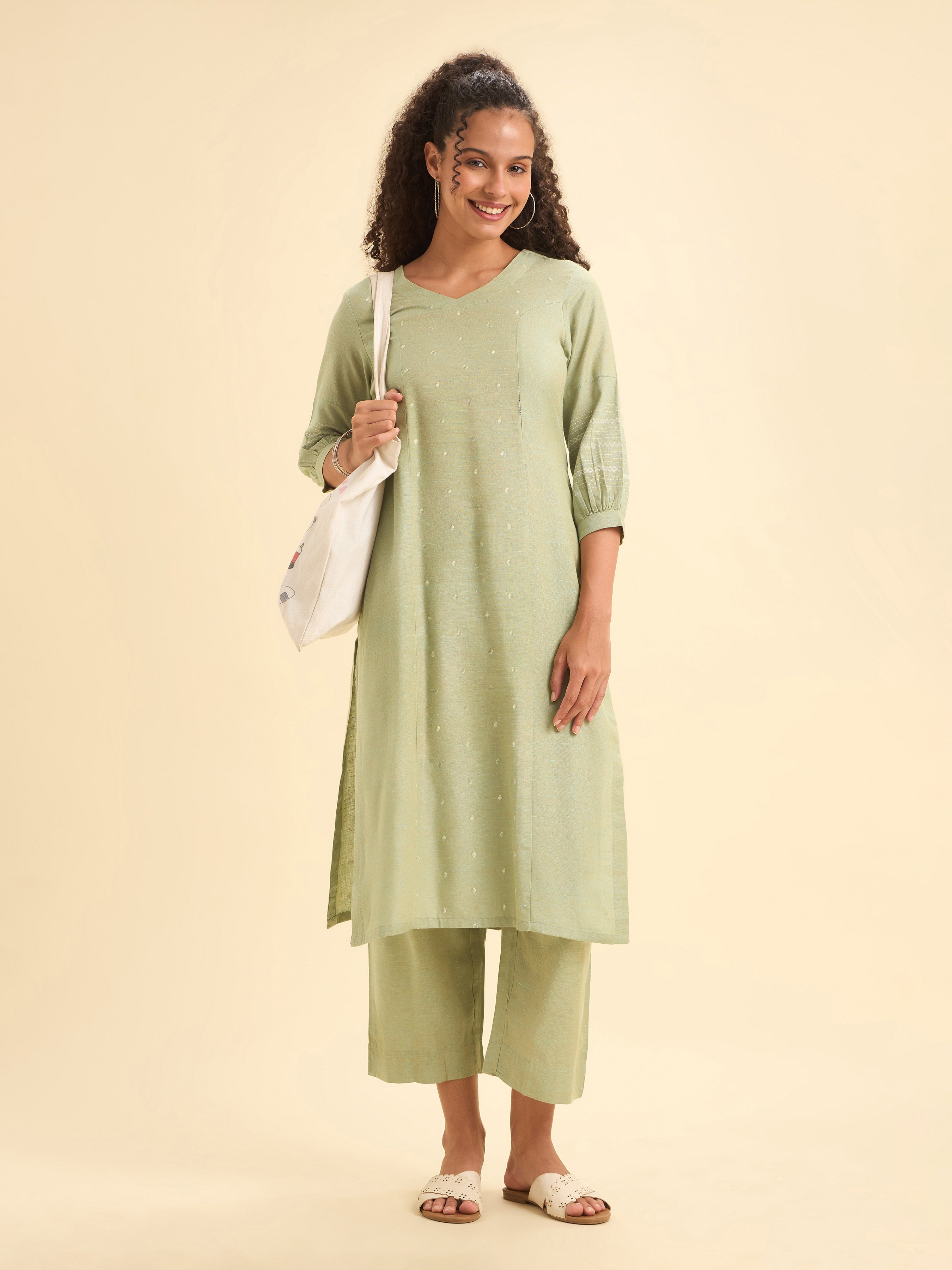 Pista Green White Cotton Dobby Plain Princesscut Kurti Set With Back Yoke