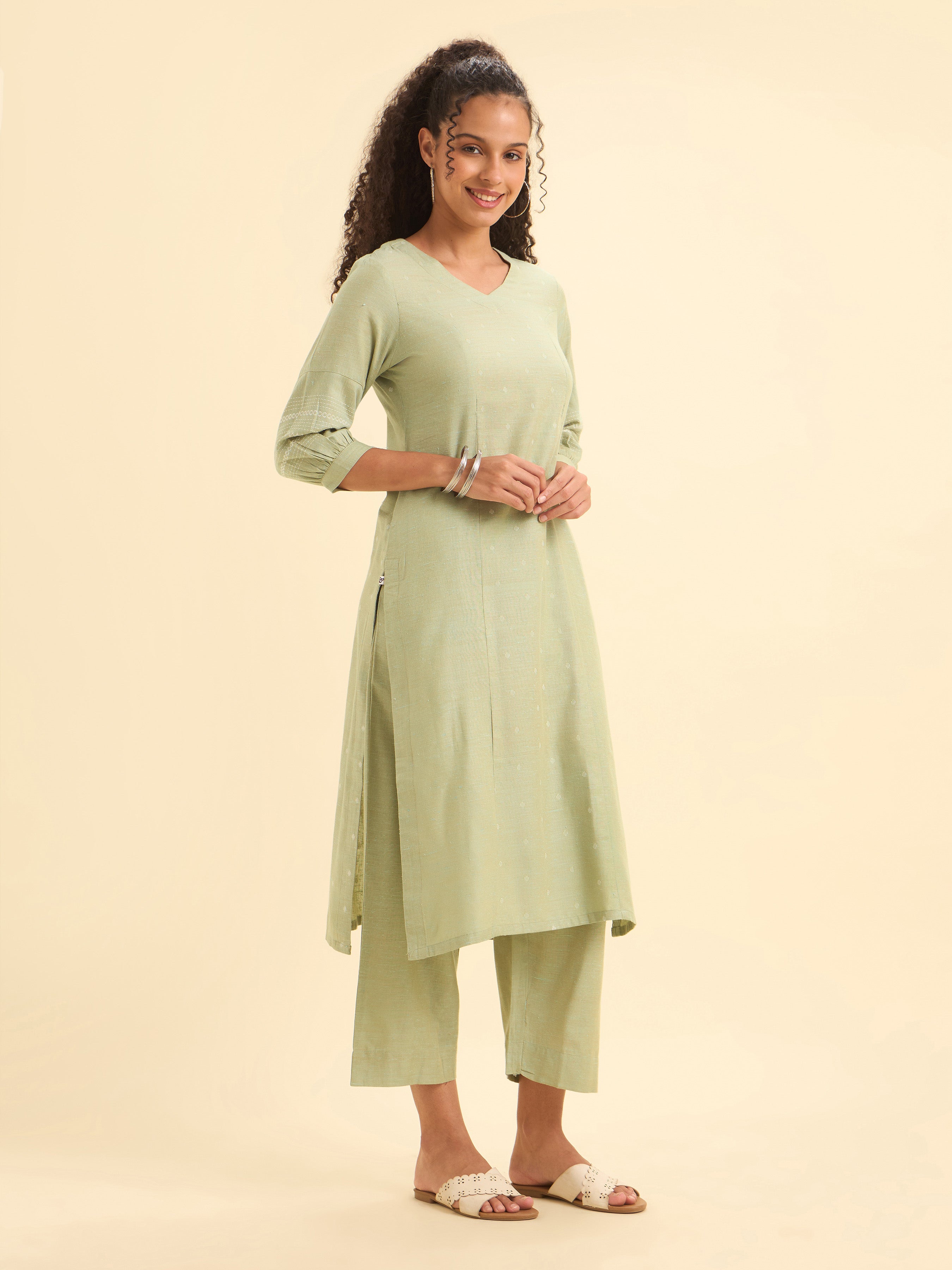 Pista Green White Cotton Dobby Plain Princesscut Kurti Set With Back Yoke