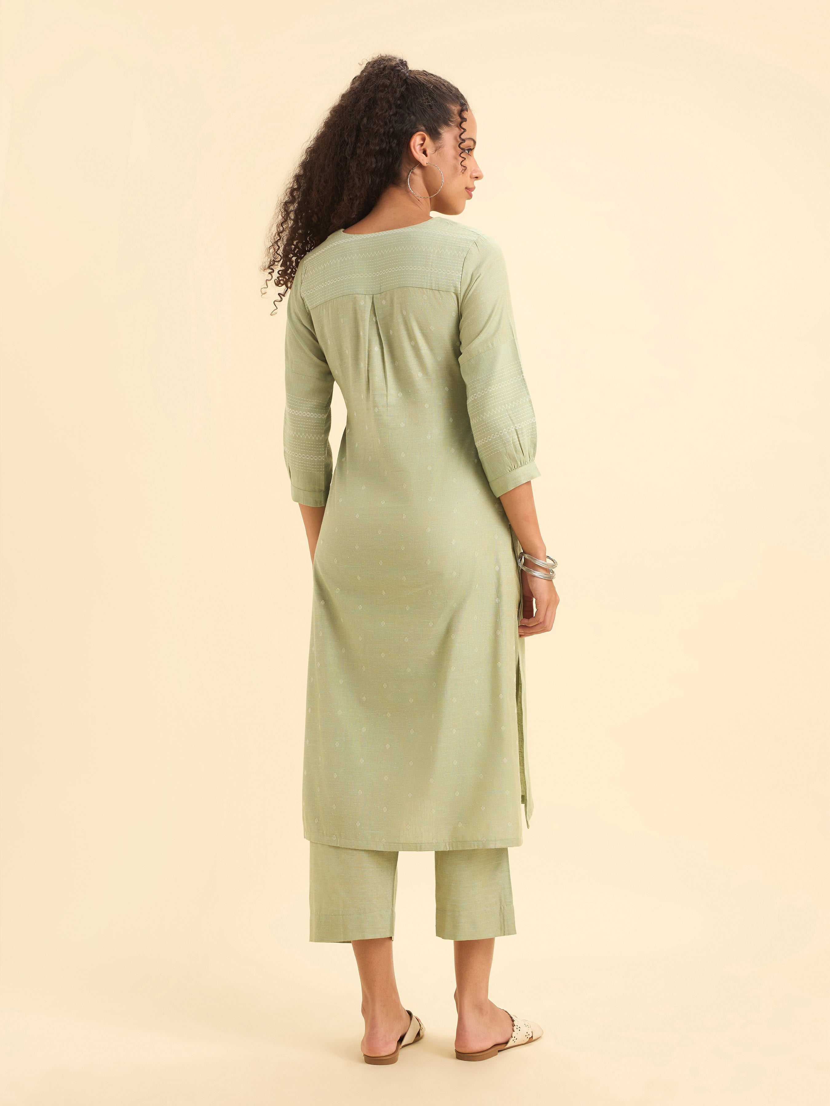 Pista Green White Cotton Dobby Plain Princesscut Kurti Set With Back Yoke