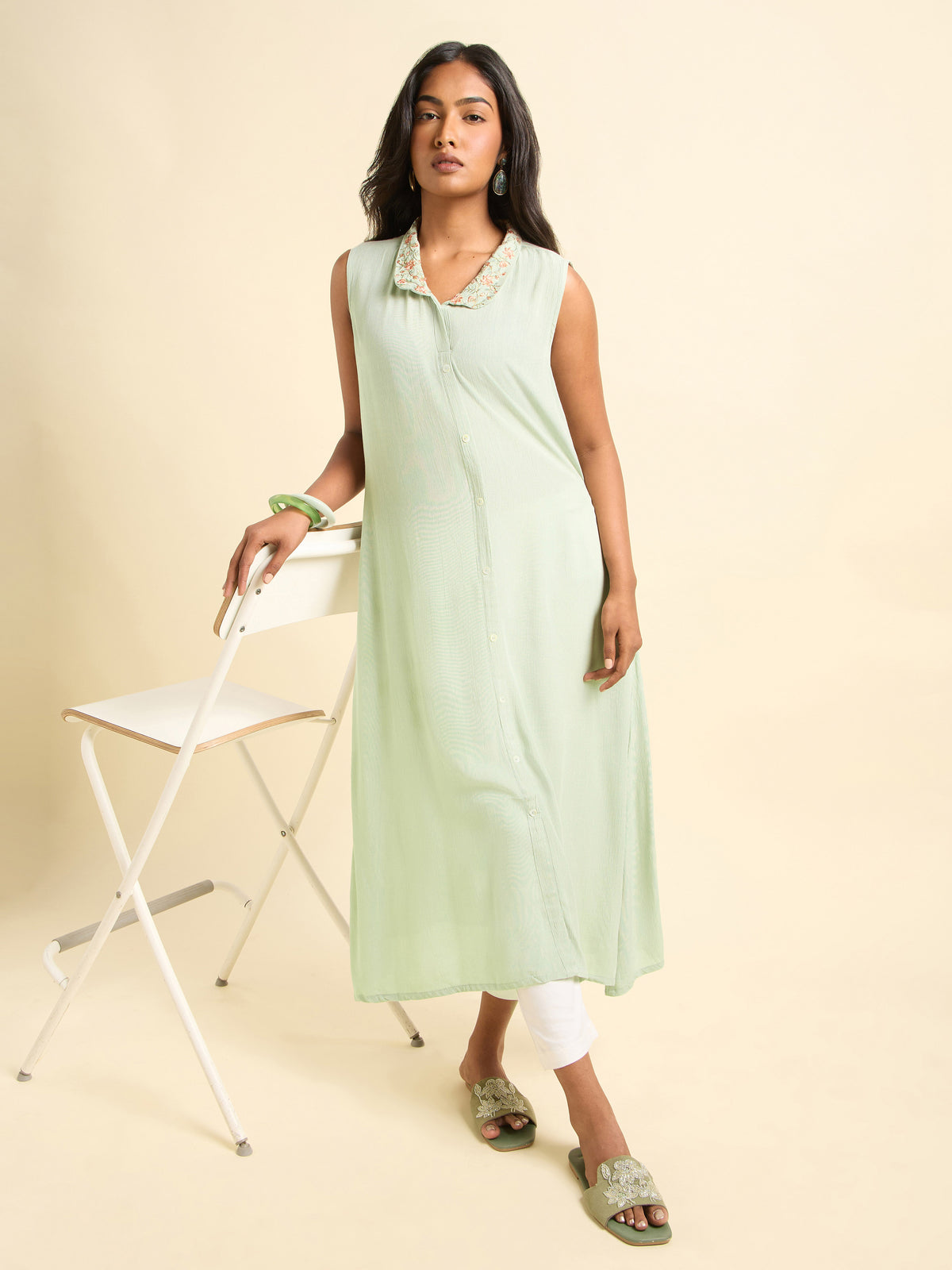 Pista Green Wrinkle Viscose Plain Kurti With Embroidery