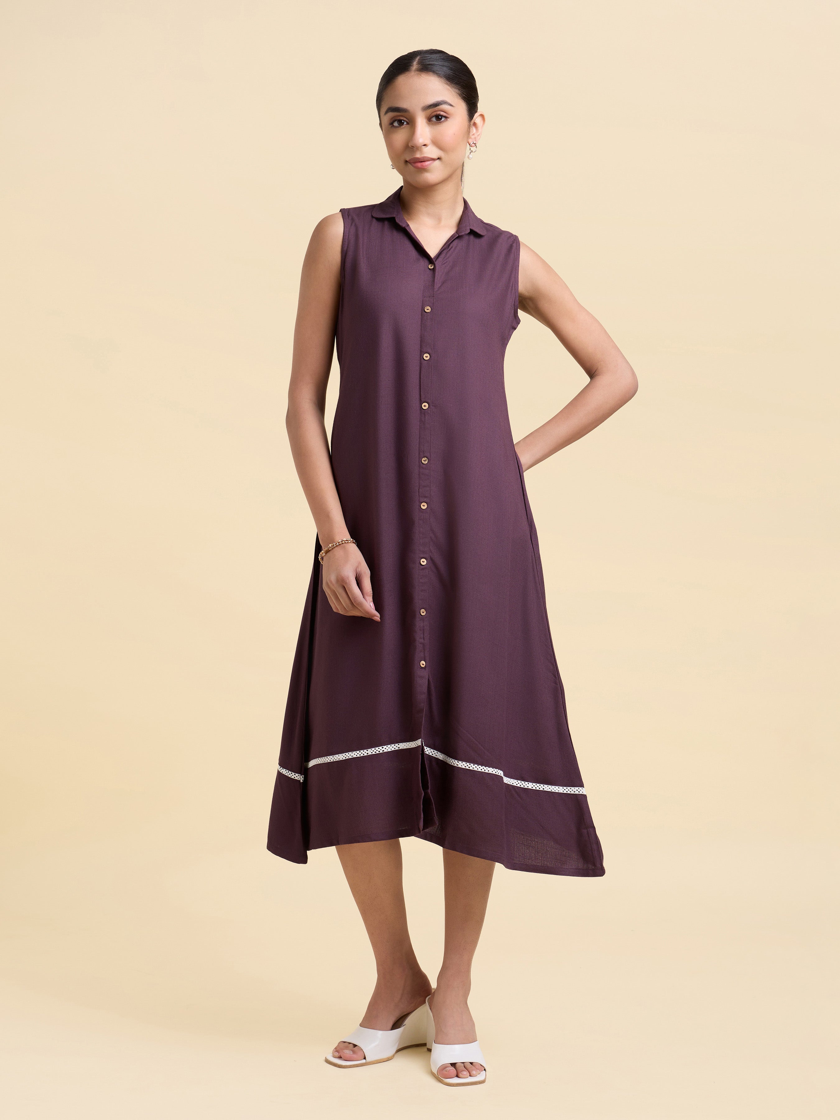 Purple Colour Viscose Slub Plain Flared Kurti With Lace