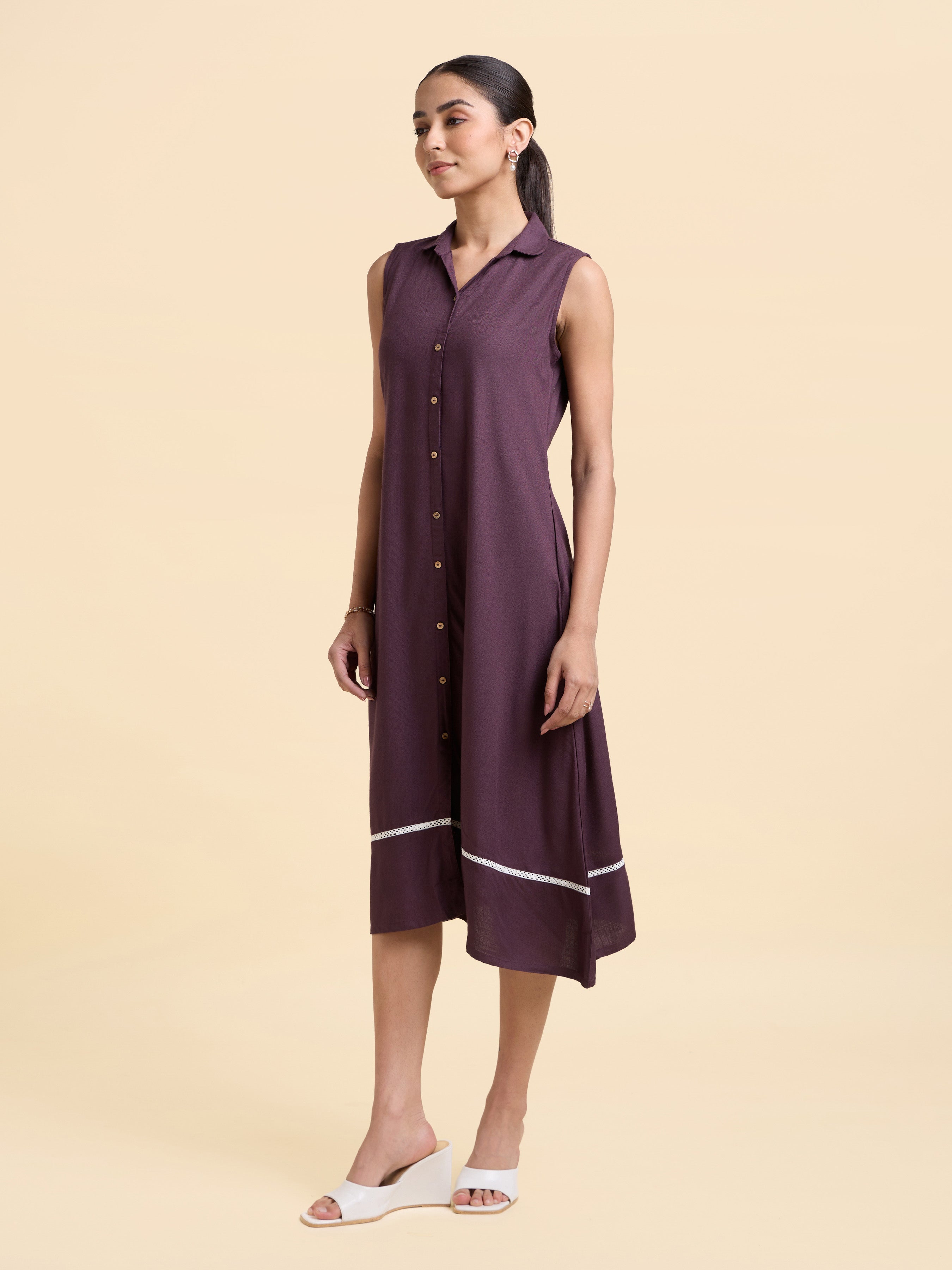 Purple Colour Viscose Slub Plain Flared Kurti With Lace