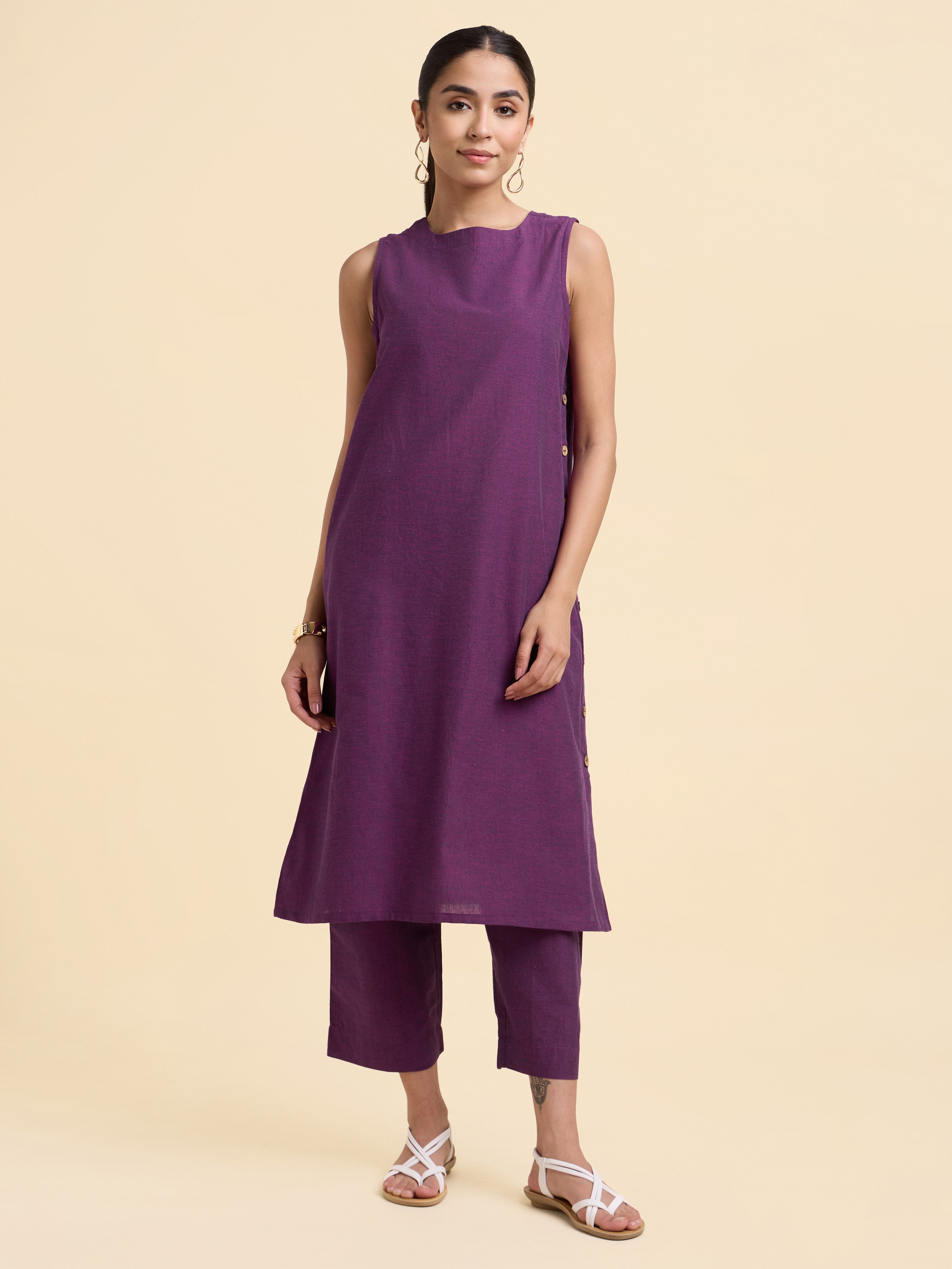 Purple Cotton Flax Plain Relaxed Fit Kurti Set With Side Placket