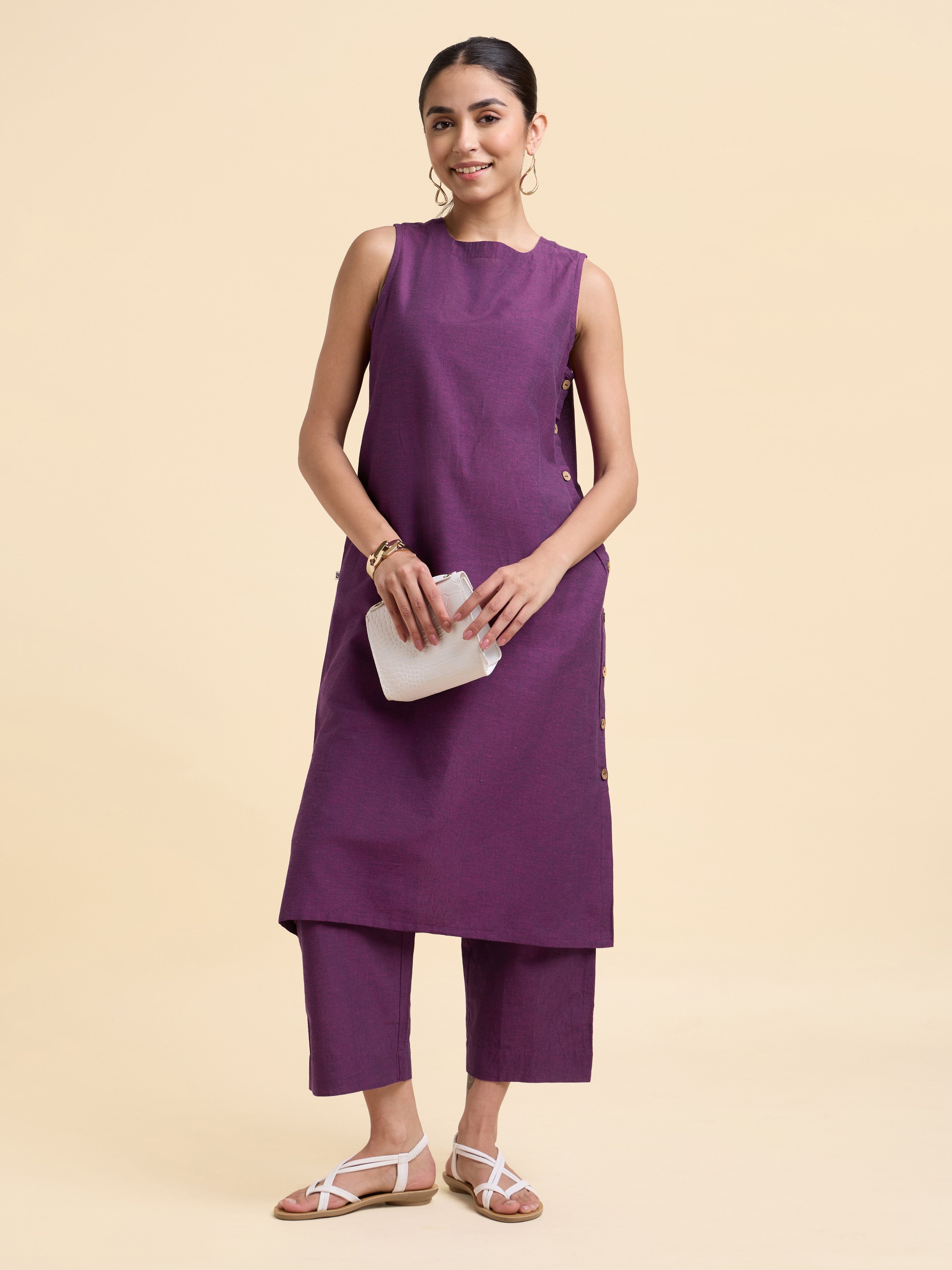 Purple Cotton Flax Plain Relaxed Fit Kurti Set With Side Placket