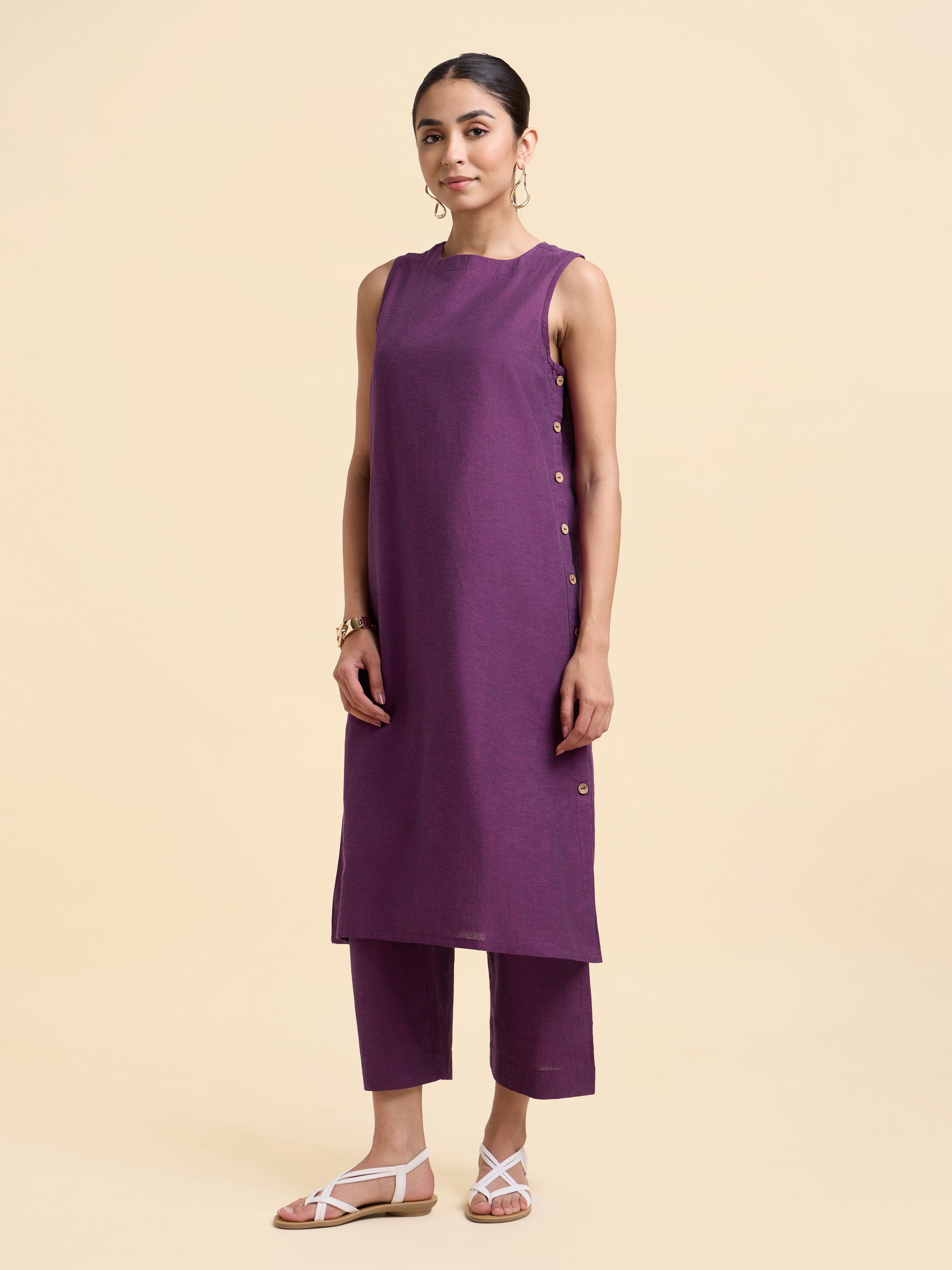 Purple Cotton Flax Plain Relaxed Fit Kurti Set With Side Placket