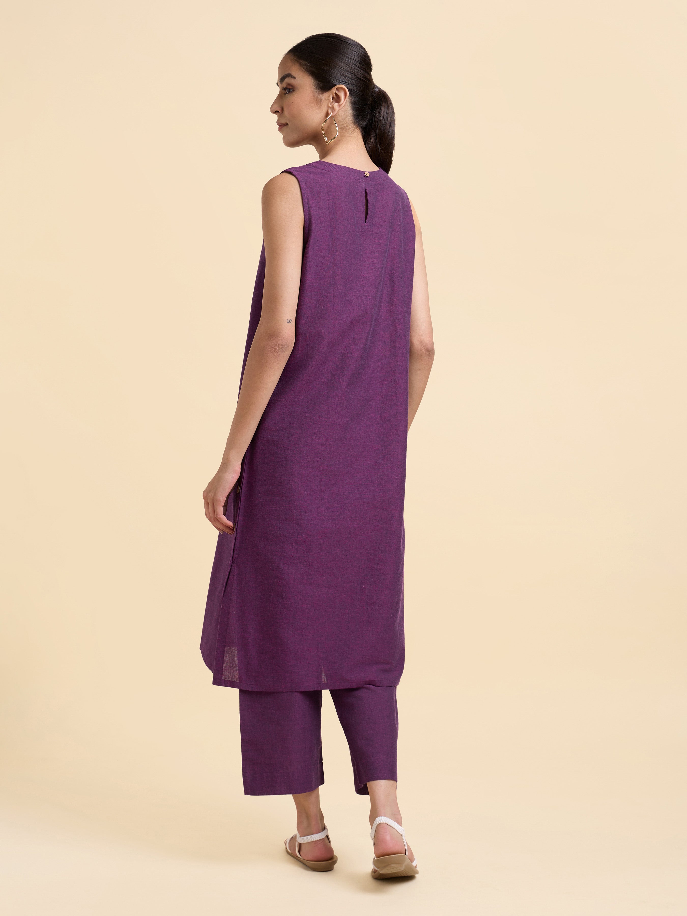 Purple Cotton Flax Plain Relaxed Fit Kurti Set With Side Placket