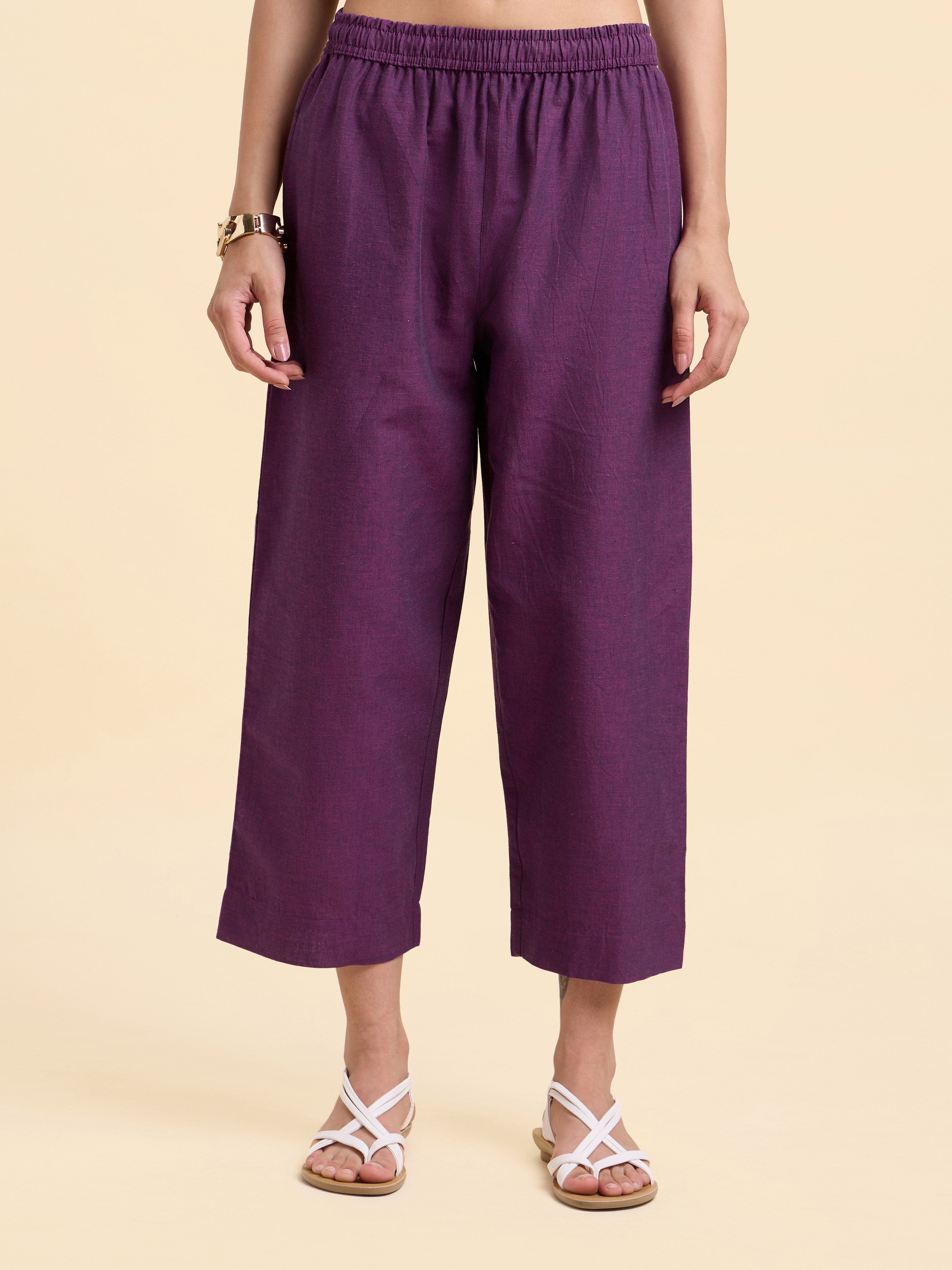 Purple Cotton Flax Plain Relaxed Fit Kurti Set With Side Placket