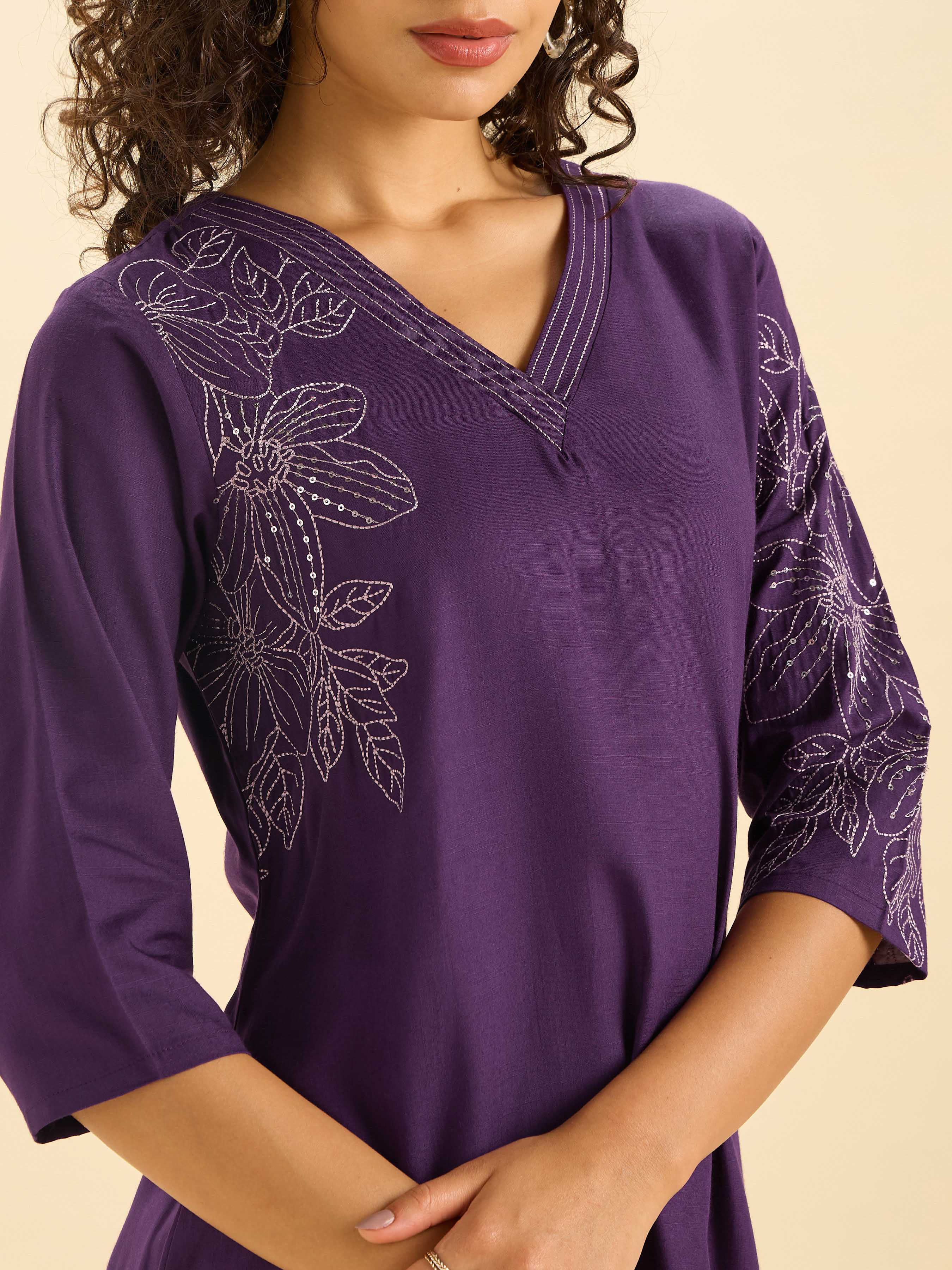 Purple Viscose Blend Slit Kurti With Embroidery And Sequins