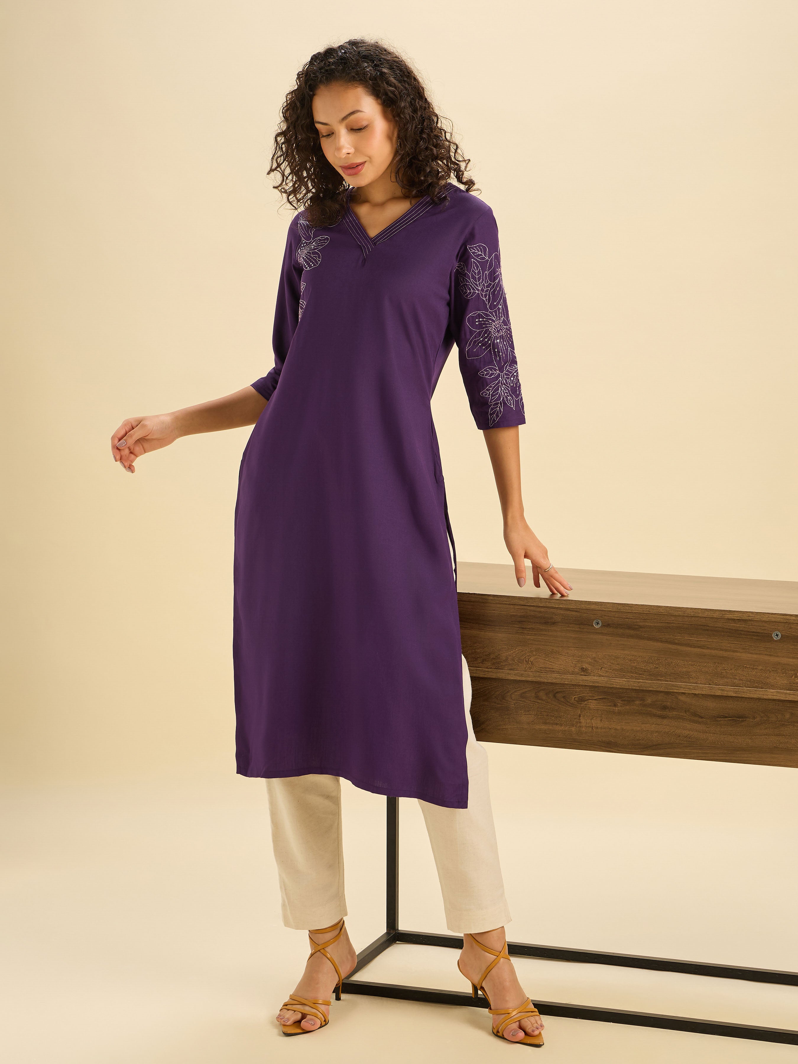 Purple Viscose Blend Slit Kurti With Embroidery And Sequins