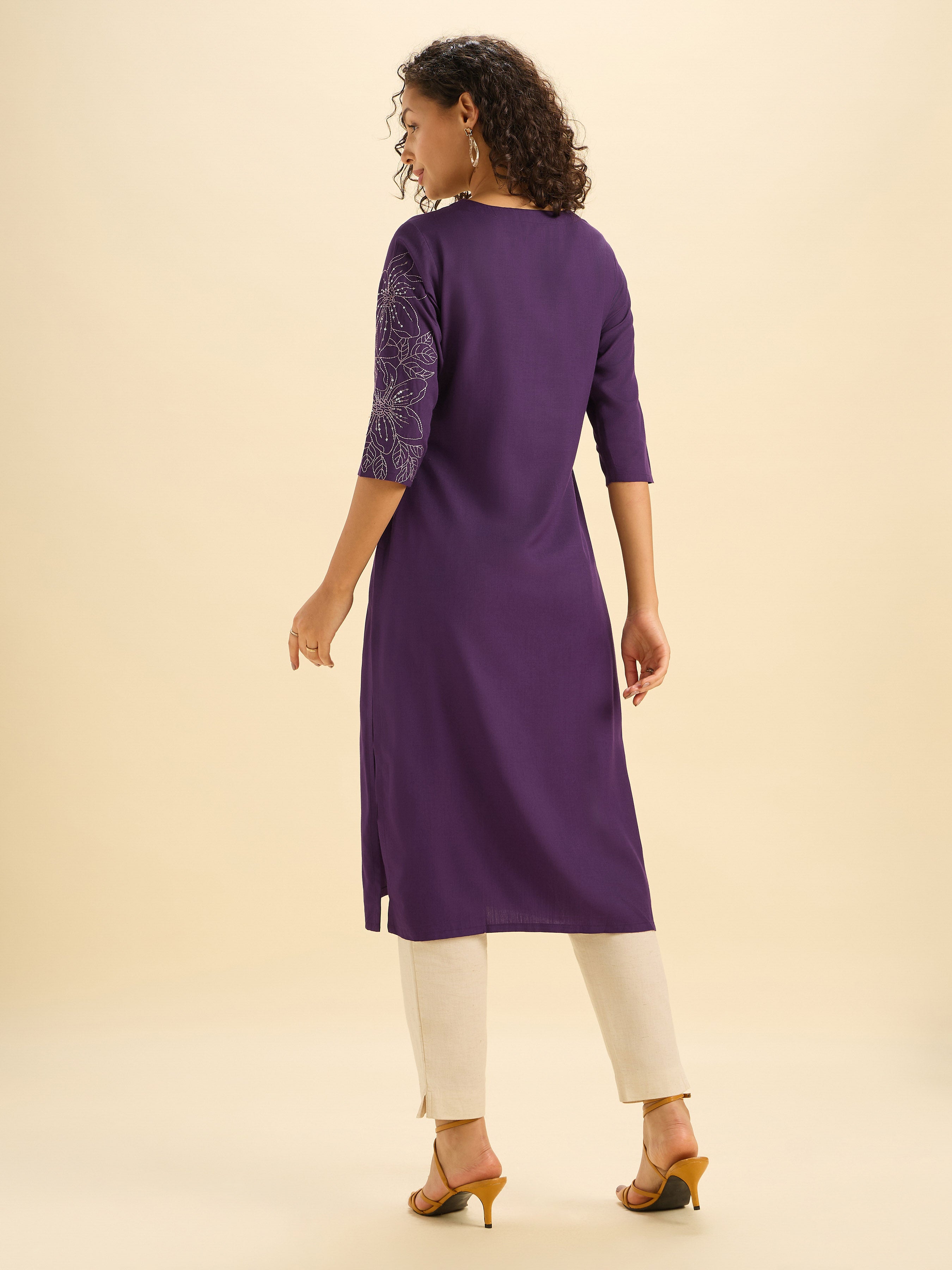 Purple Viscose Blend Slit Kurti With Embroidery And Sequins