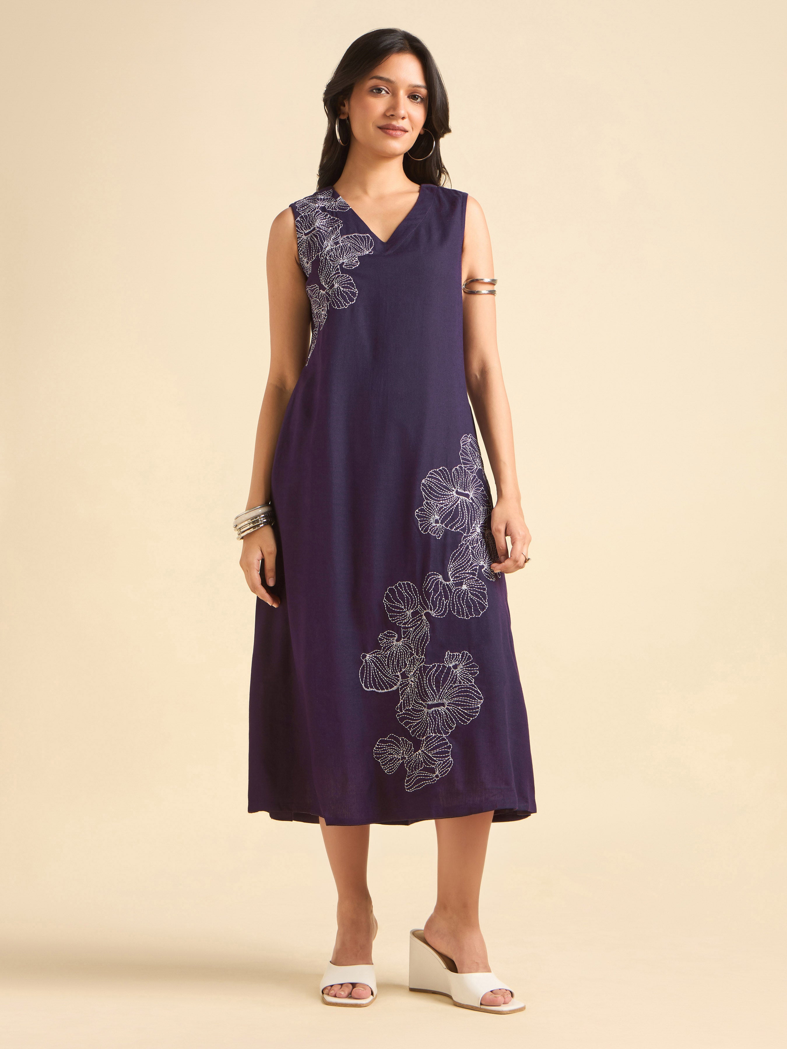 Purple Viscose Linen Plain Flared Kurti With Embroidery