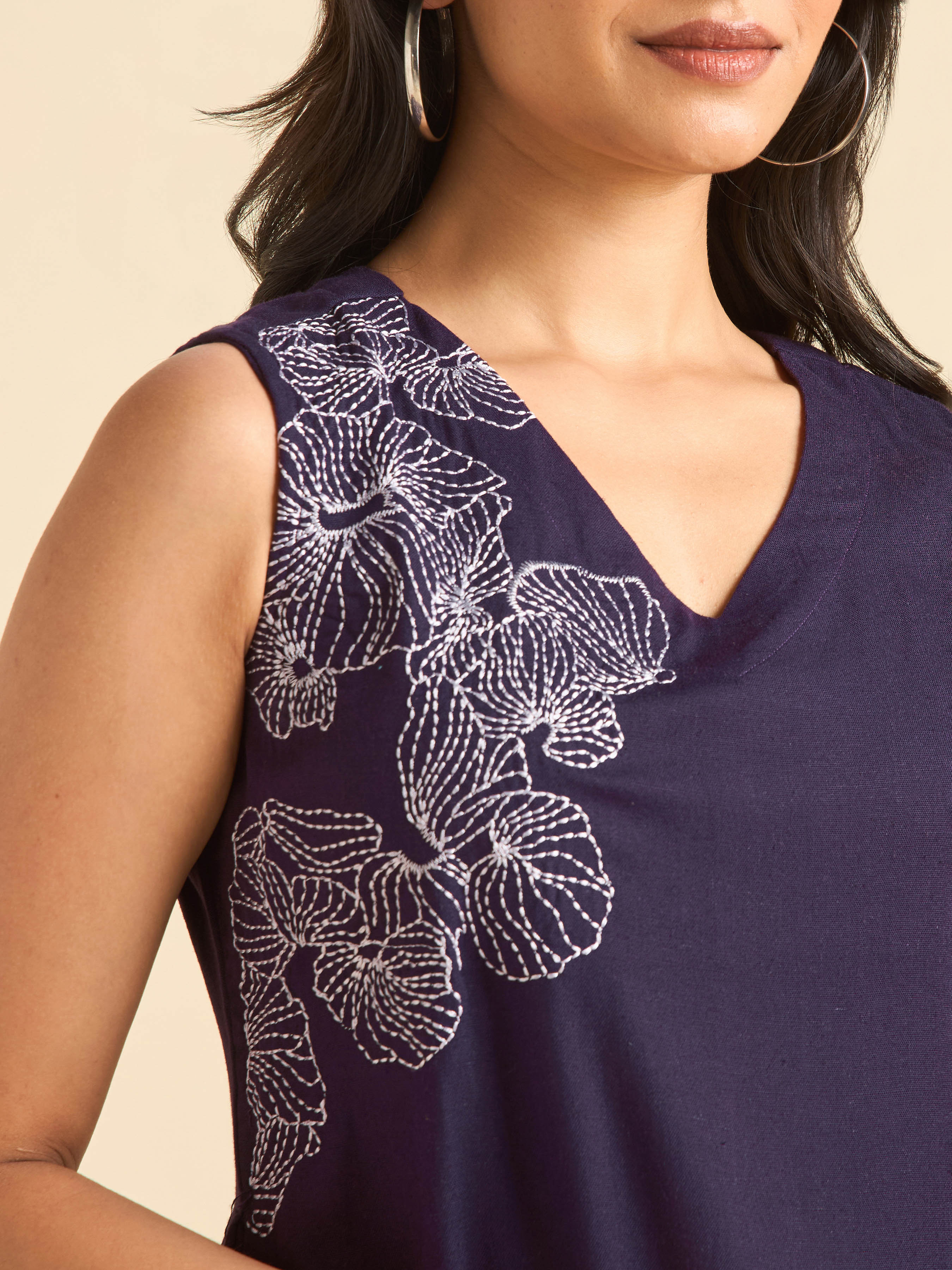 Purple Viscose Linen Plain Flared Kurti With Embroidery