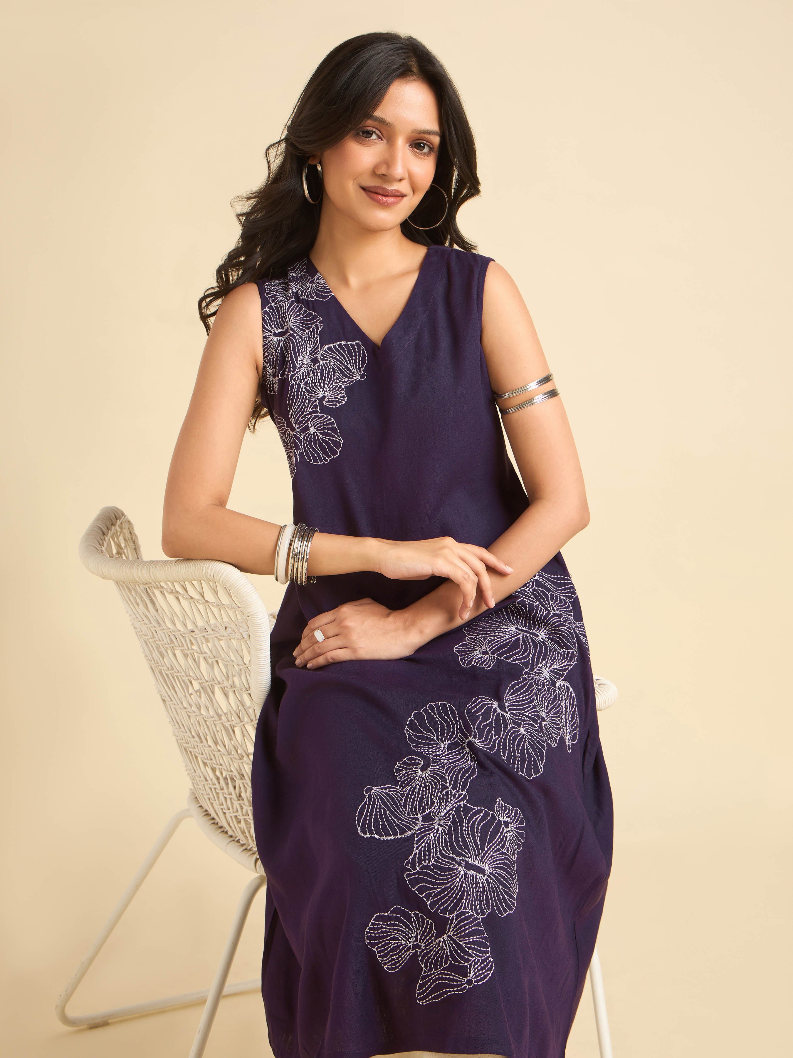 Purple Viscose Linen Plain Flared Kurti With Embroidery