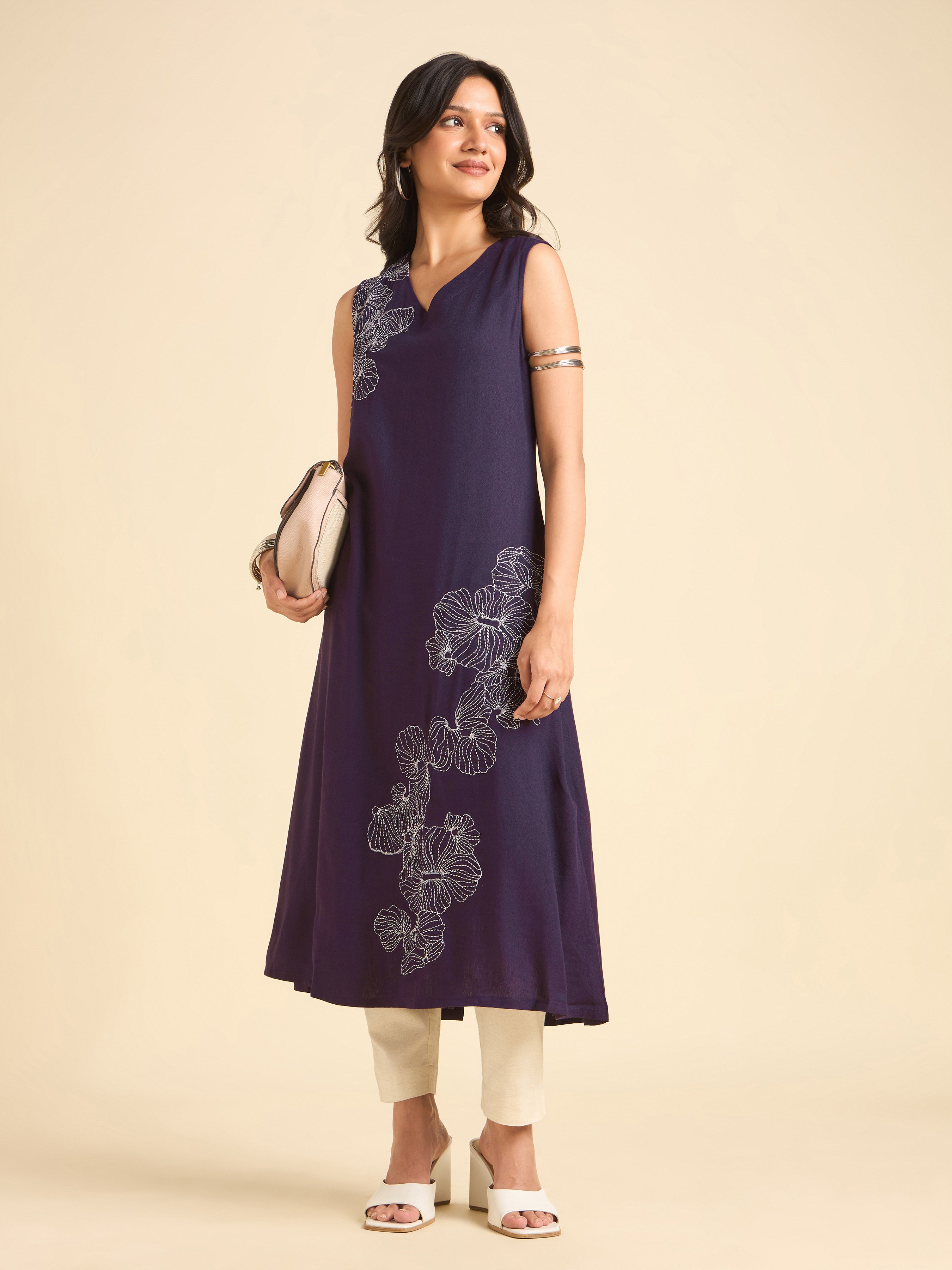 Purple Viscose Linen Plain Flared Kurti With Embroidery
