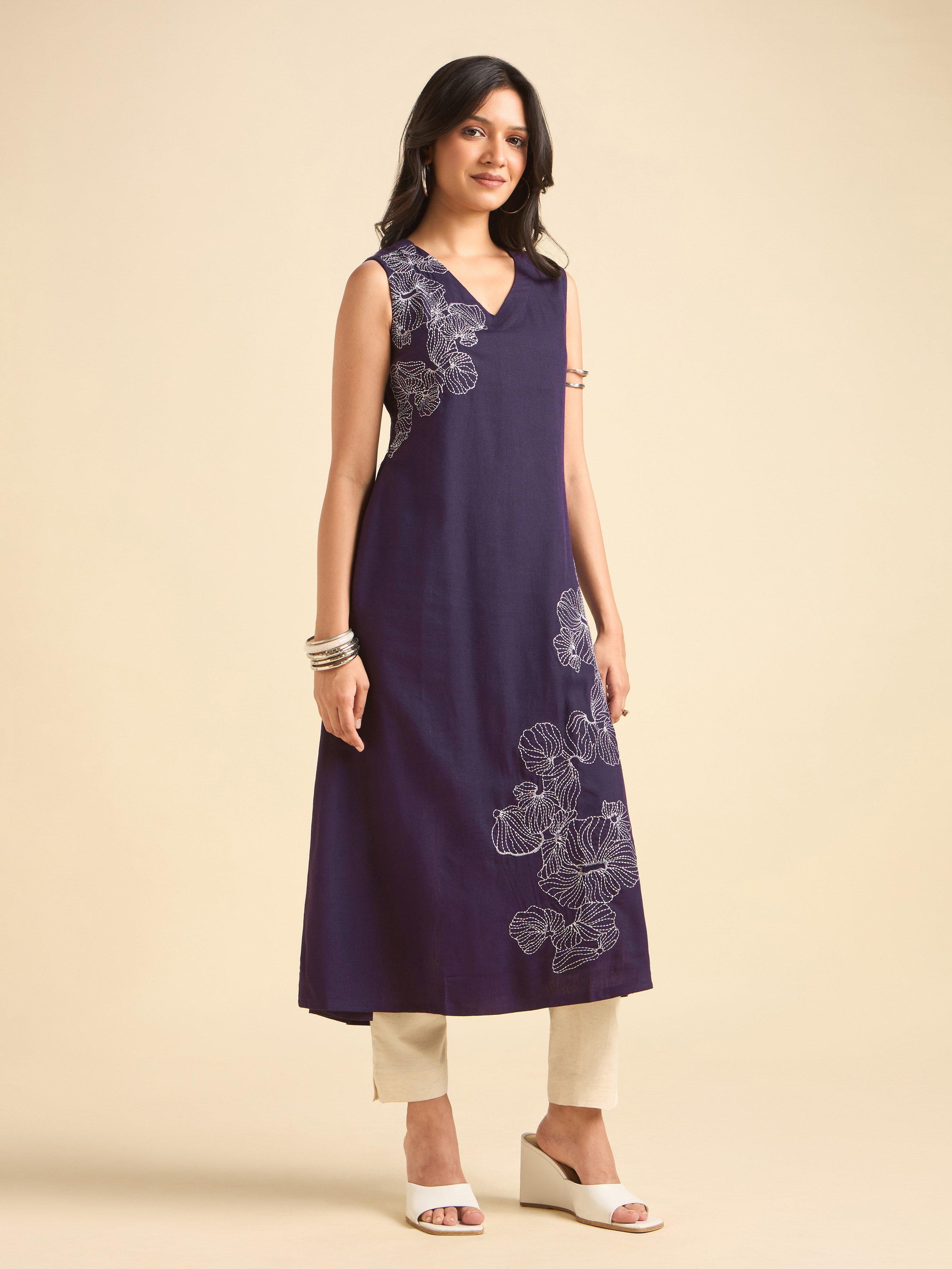Purple Viscose Linen Plain Flared Kurti With Embroidery