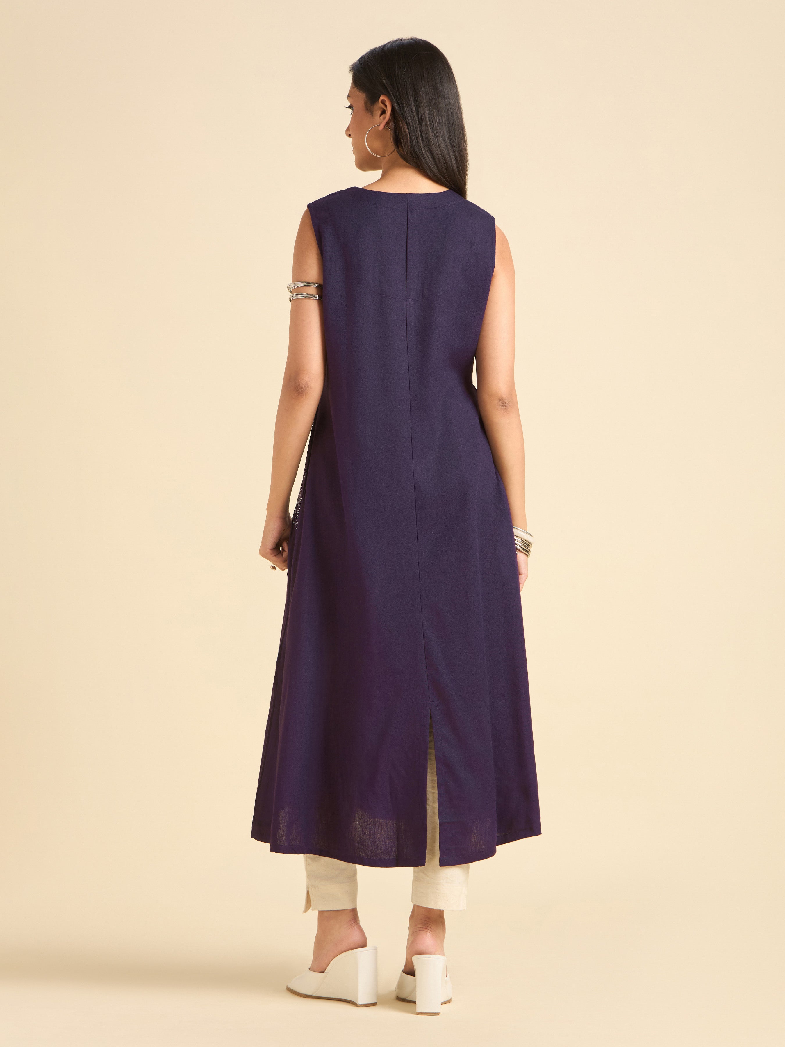 Purple Viscose Linen Plain Flared Kurti With Embroidery
