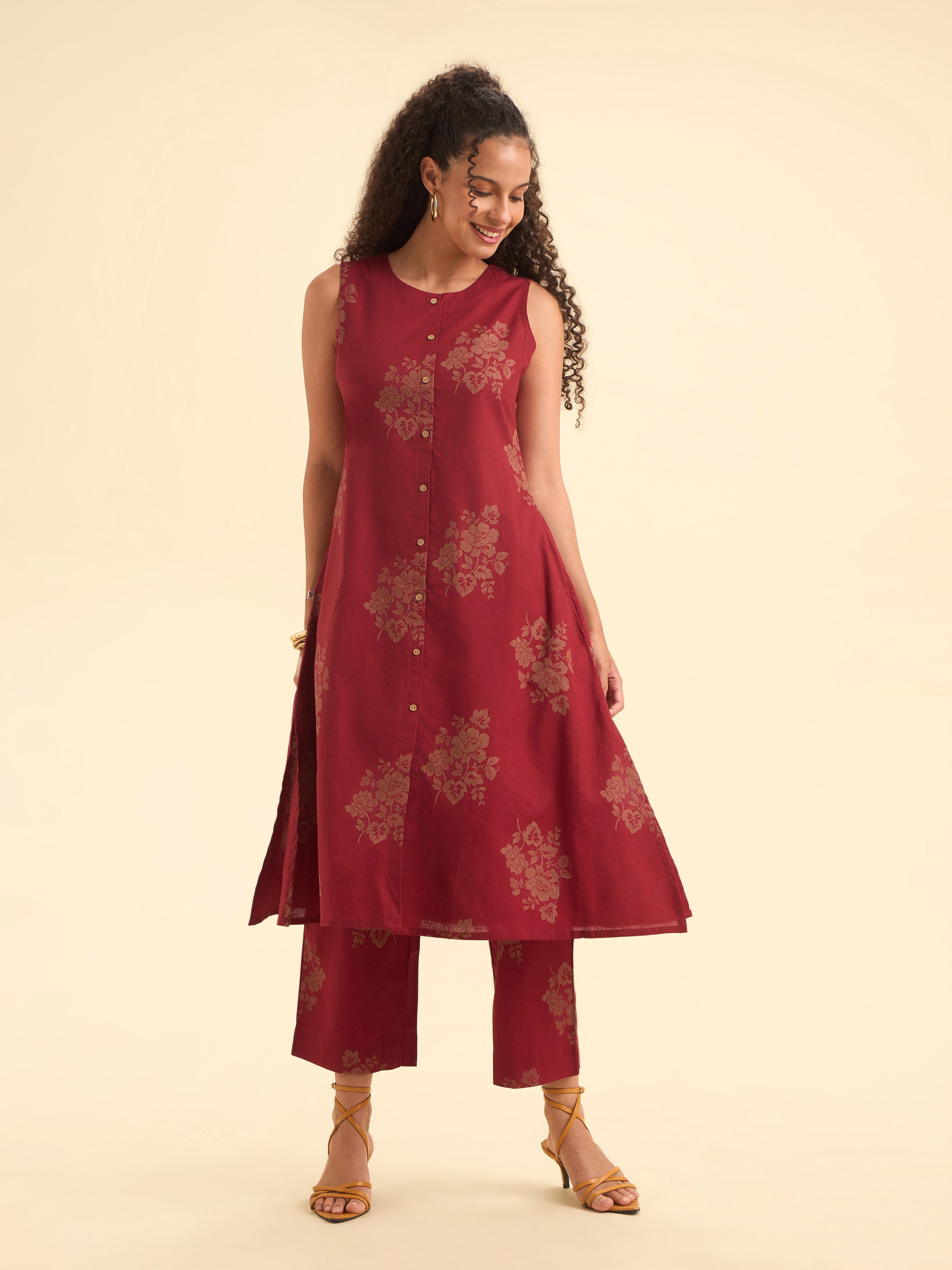 Red Colour Cotton Flax Printed Flared Kurti With Bottom