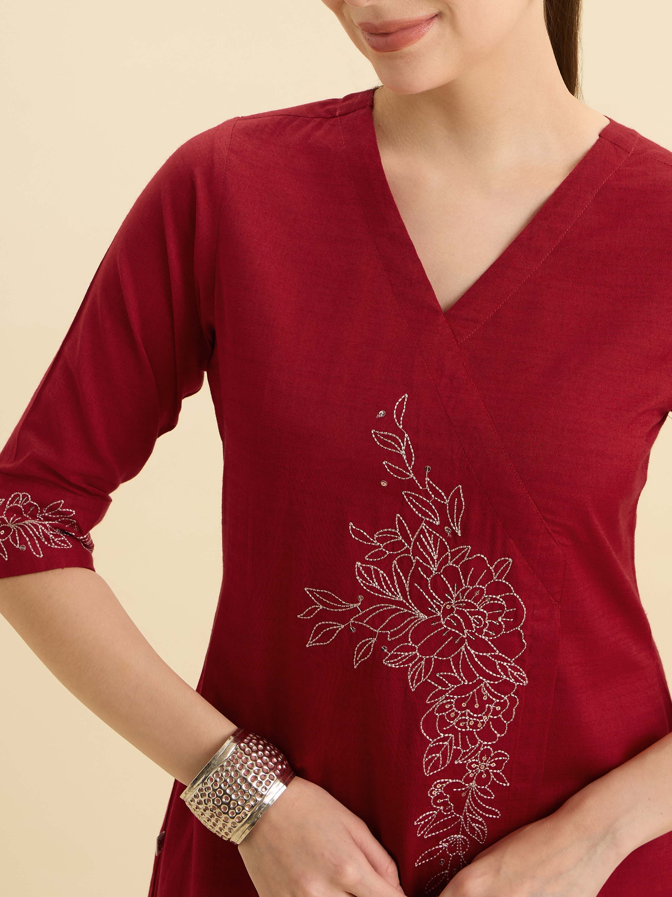 Red Cotton Viscose Angrakha Kurta With Sequence Embroidery