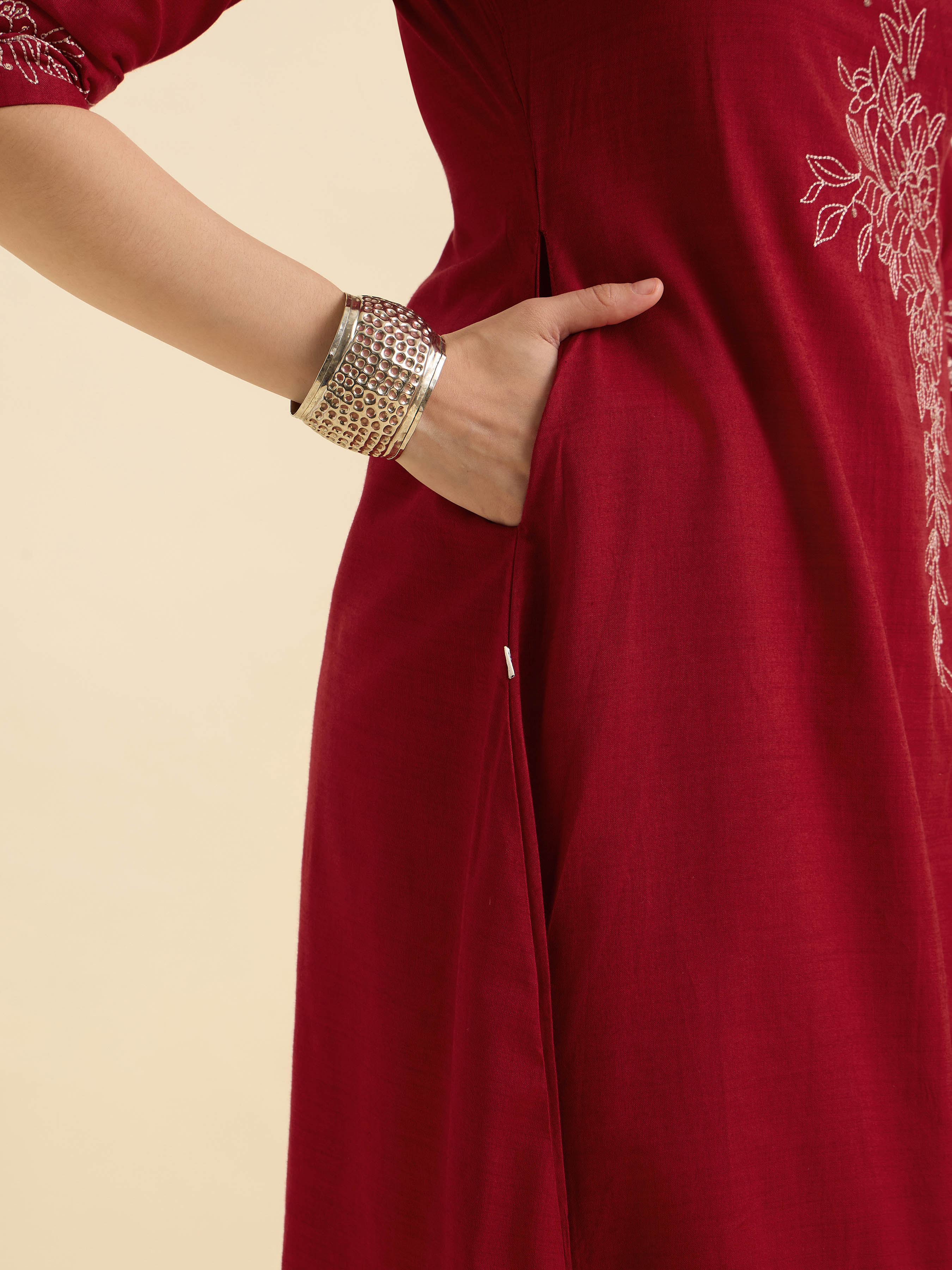Red Cotton Viscose Angrakha Kurta With Sequence Embroidery