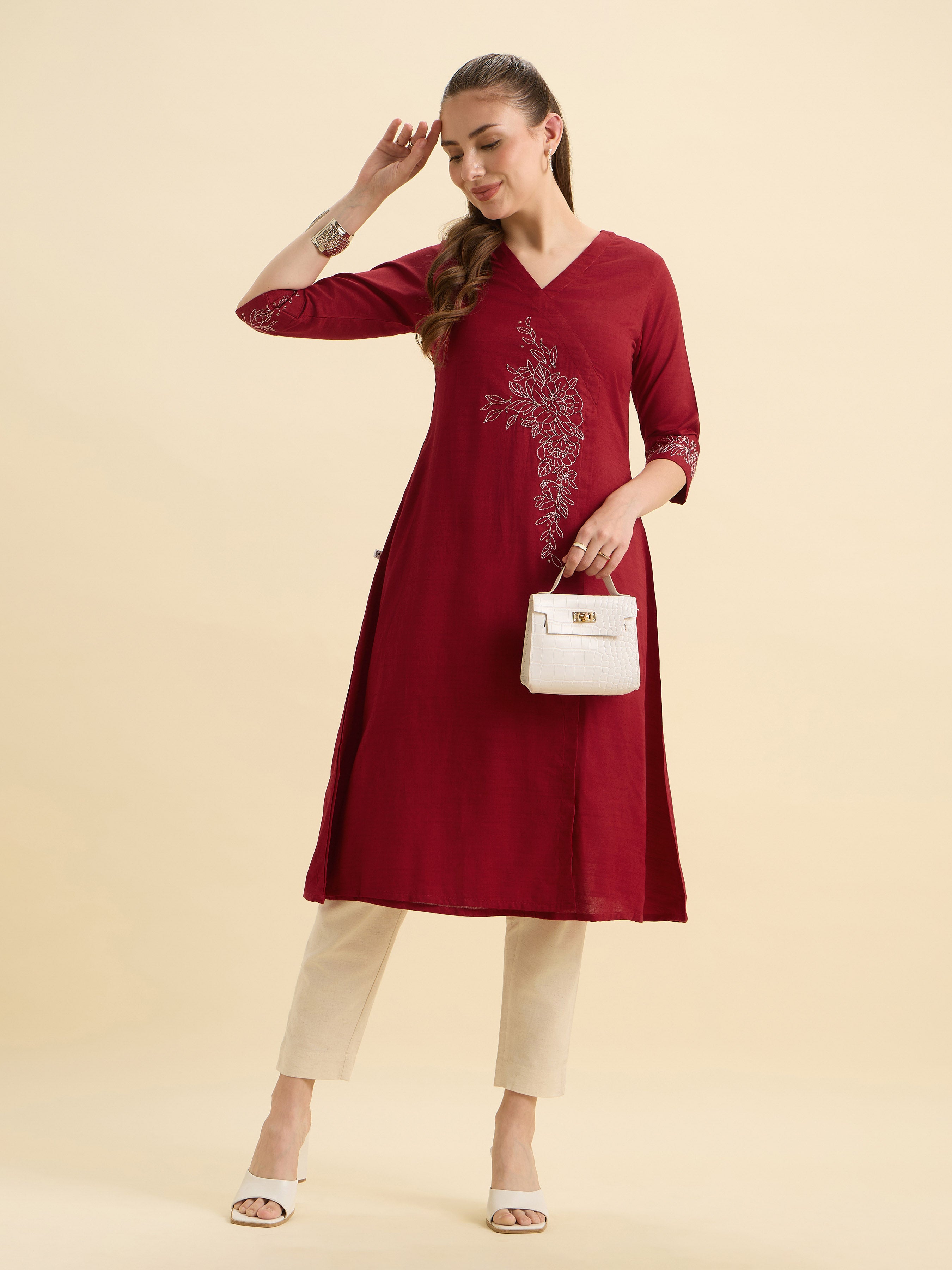Red Cotton Viscose Angrakha Kurta With Sequence Embroidery